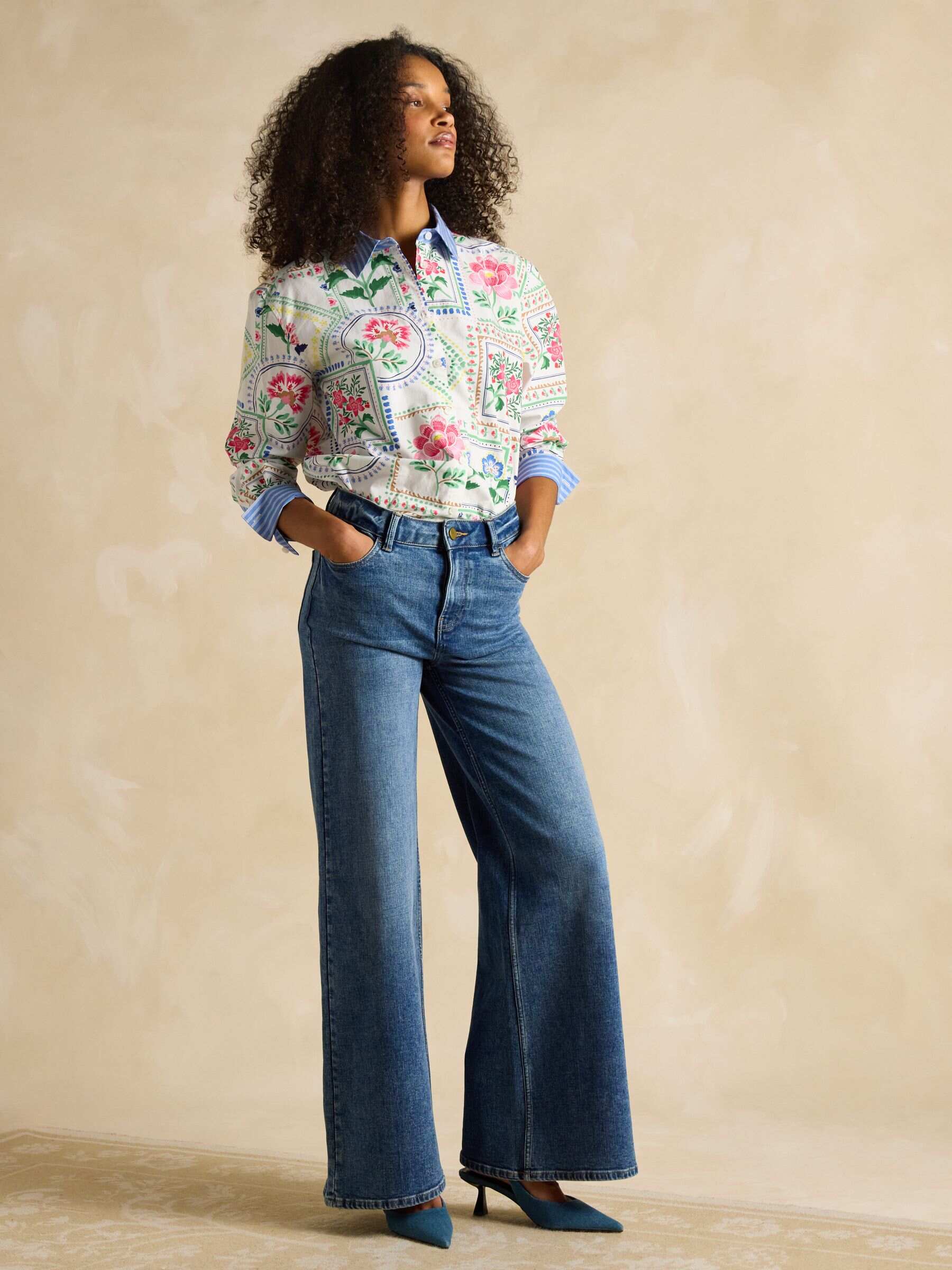 Amilla Cream Tile Print Longline Relaxed Fit Shirt
