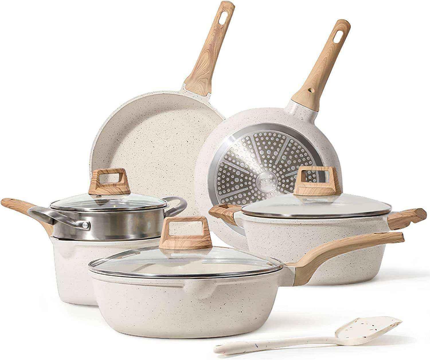 Pots and Pans Set Nonstick, White Granite Induction Kitchen Cookware Sets, 10 Pcs Non Stick Cooking Set w/Frying Pans & Saucepans(PFOS, PFOA Free)