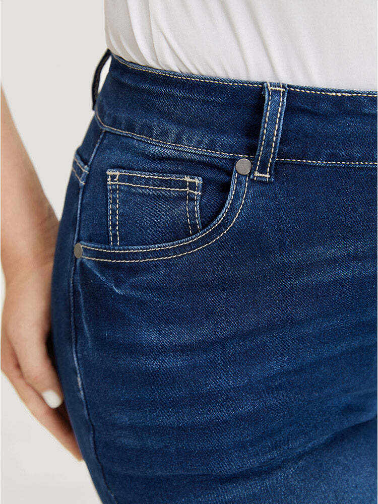 Very Stretchy High Rise Dark Wash Distressed Cropped Jeans