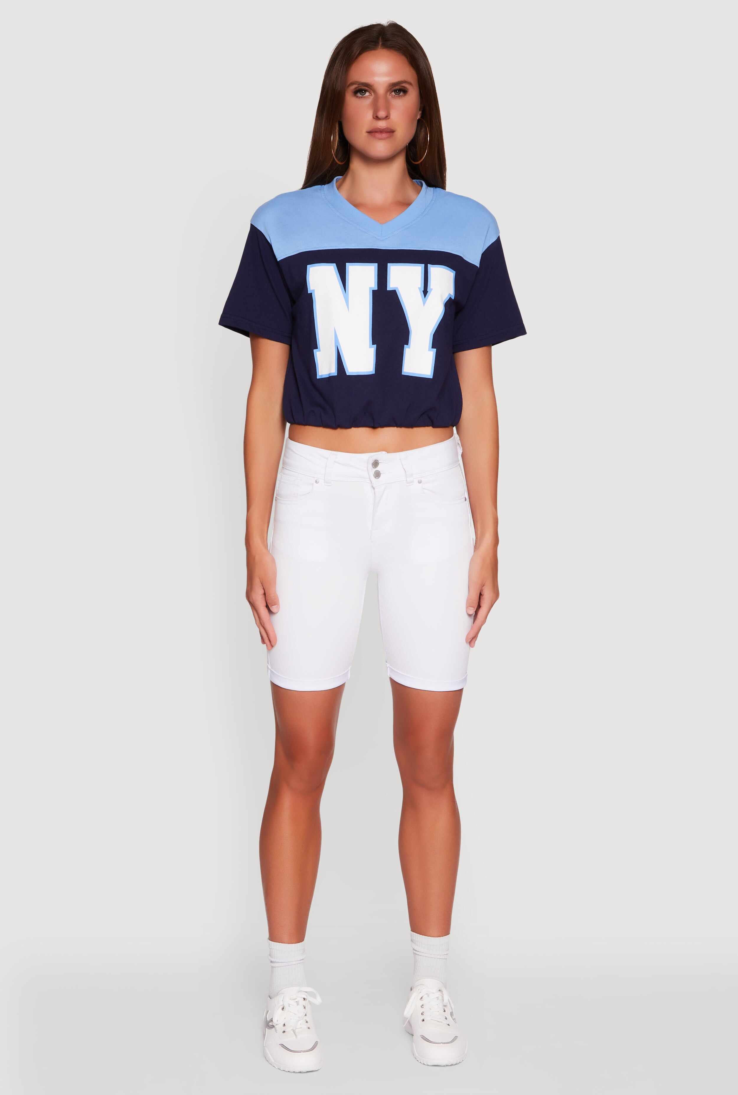 Madden Girl Color Block Cropped V-Neck Graphic Tee