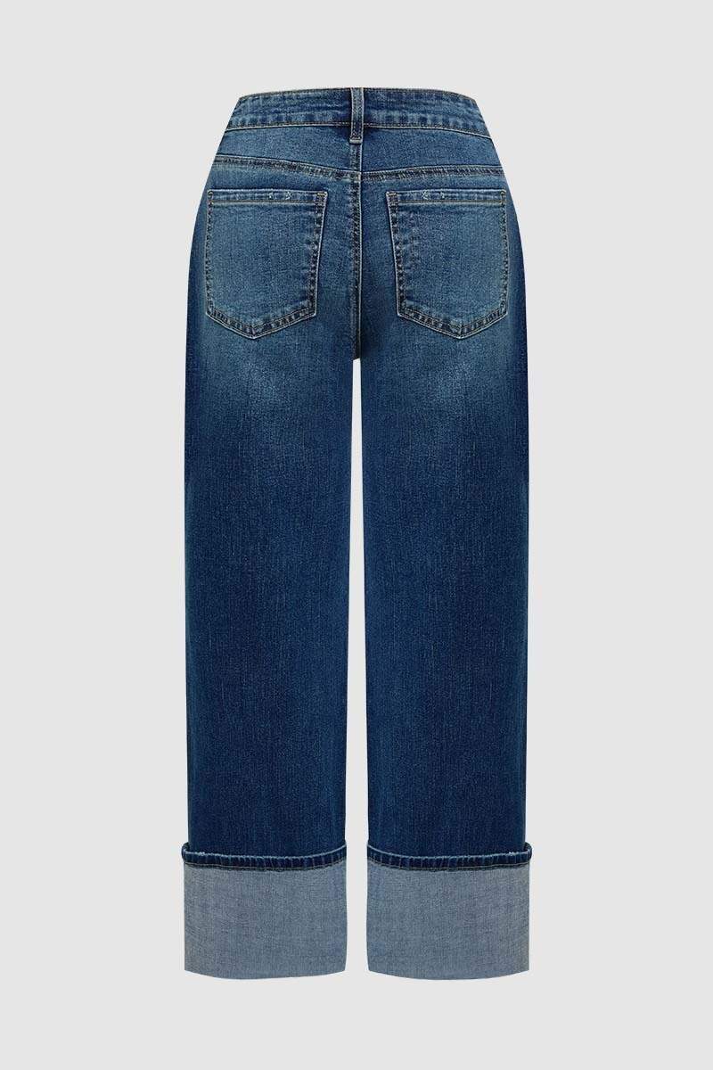 Roll Hem Wash Mid Waist Straight Leg Jeans