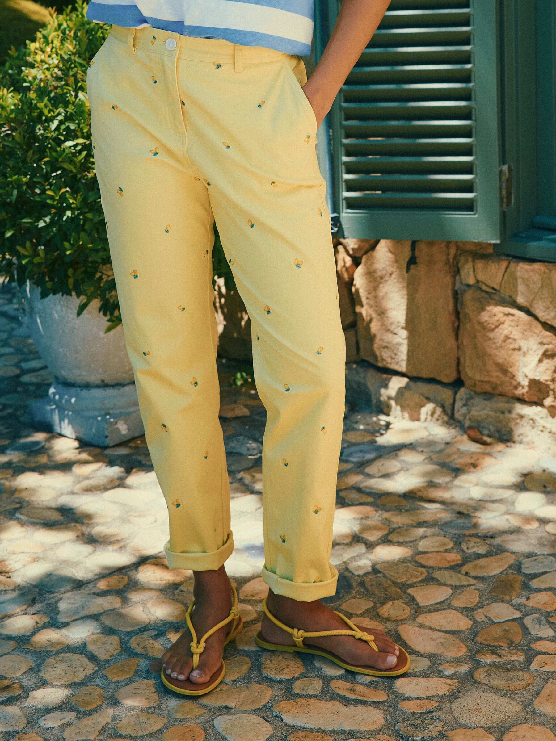 Slim Fit Yellow Lemon Embroidered Chino Trousers