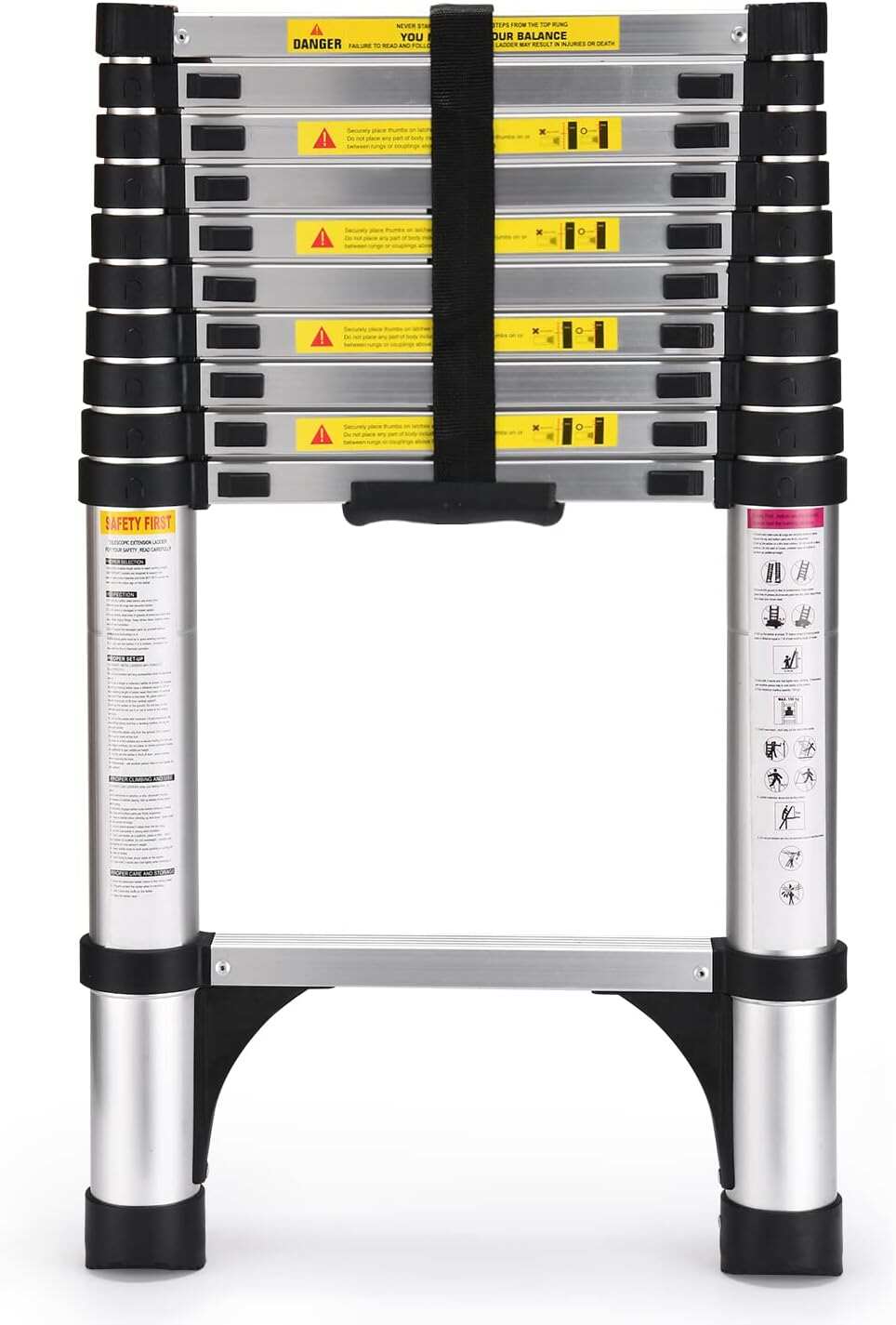 Telescoping Ladder, 12.5 FT Aluminum Lightweight Extension Ladder with 2 Triangle Stabilizers, Heavy Duty 330lbs Max Capacity, Collapsible Ladder with Hooks for RV or Outdoor Work
