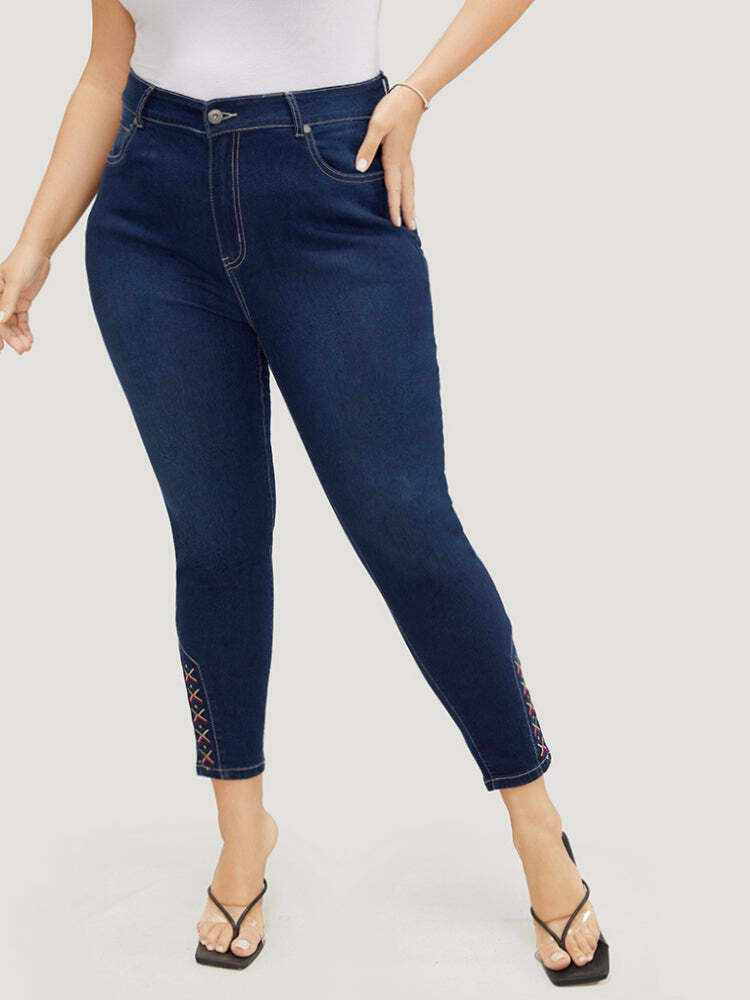 Very Stretchy High Rise Dark Wash Geometric Embroidered  Jeans