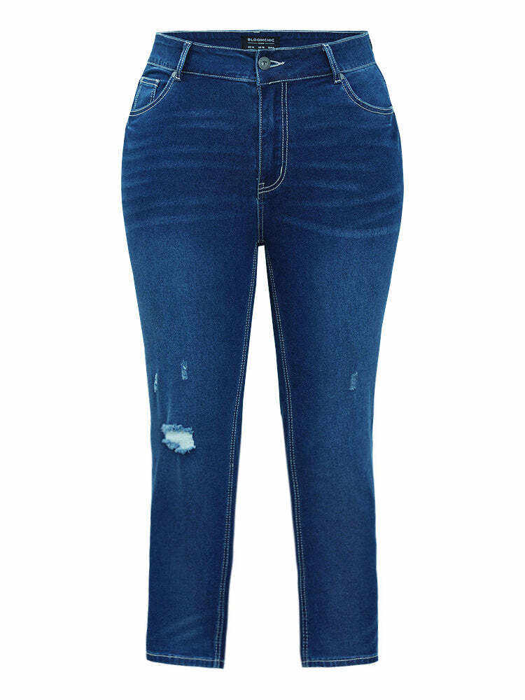 Very Stretchy High Rise Dark Wash Distressed Cropped Jeans