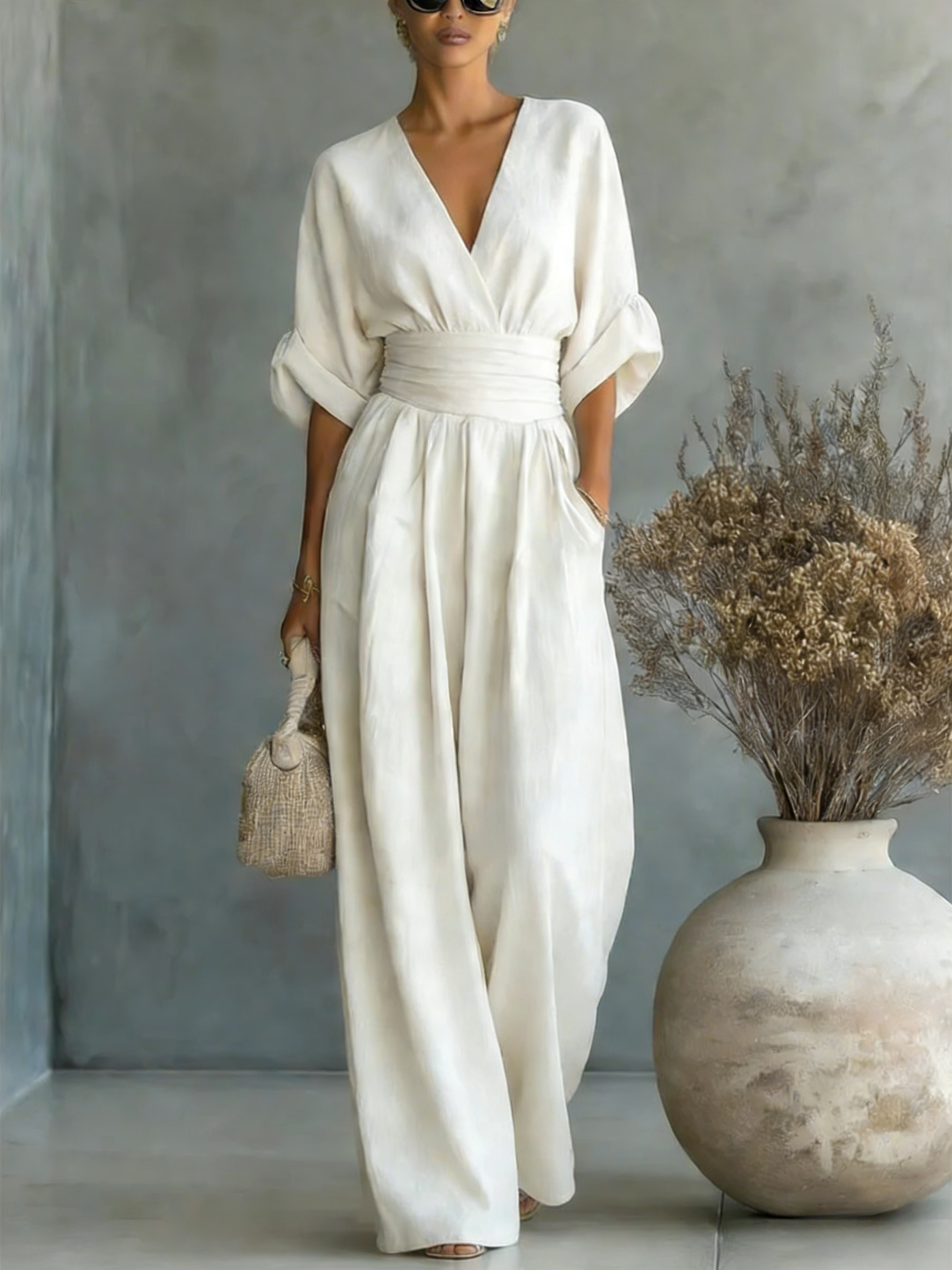 🔥Summer Arrivals🌟Elegant Vacation Casual Fashion V-neck Waist Jumpsuit
