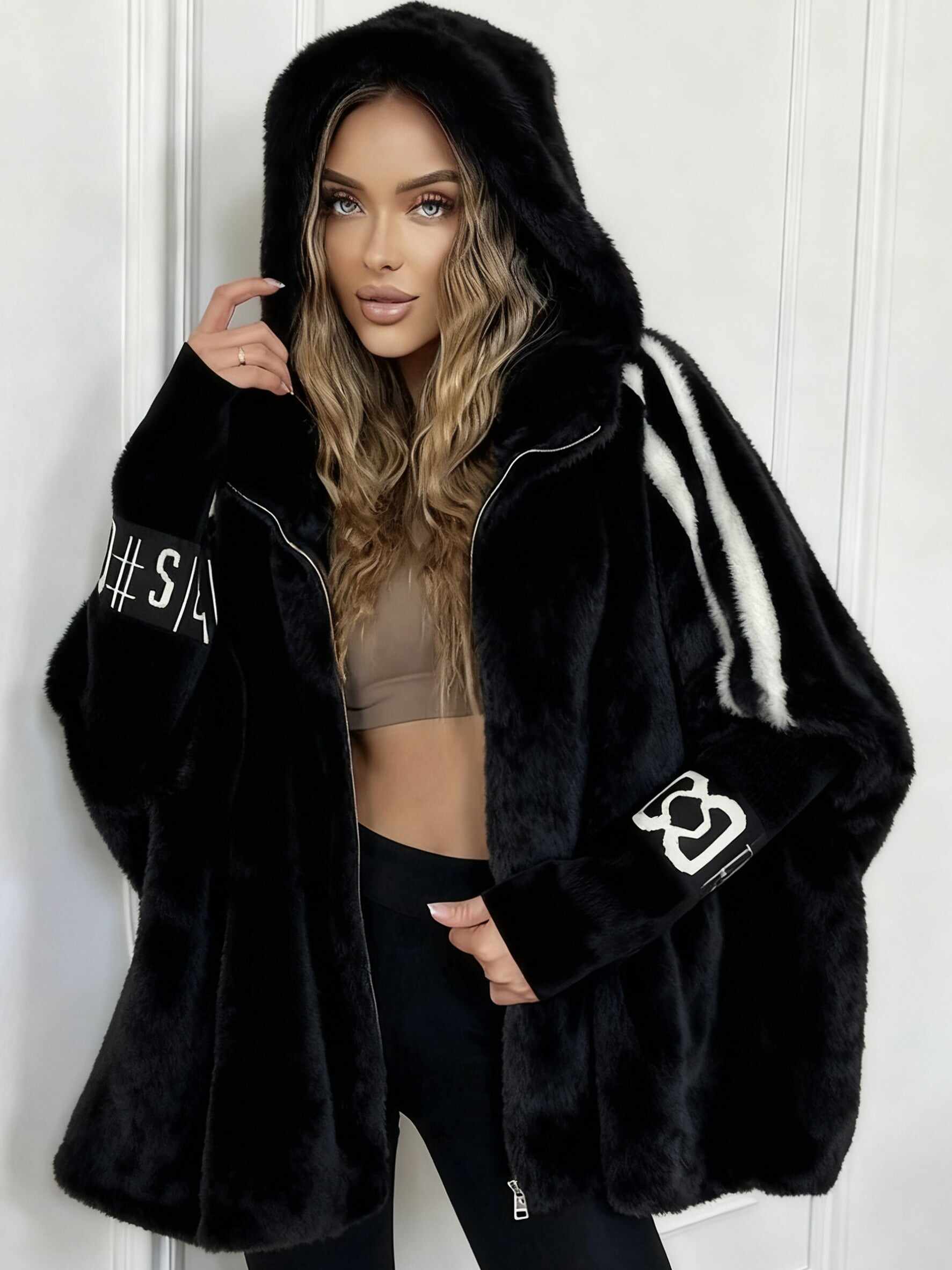 Women Plush Hooded Vertical Stripe Printed Casual Coat