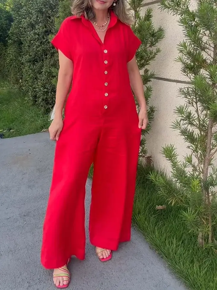 🔥Summer Arrivals🌟Women's Solid Color Shirt Collar Short-sleeved High-waisted Casual Loose Cotton And Linen Wide-leg Jumpsuit
