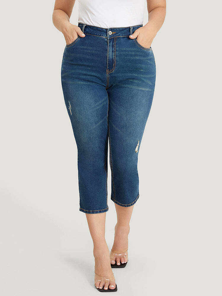 Very Stretchy High Rise Medium Wash Ripped Detail Cropped Jeans