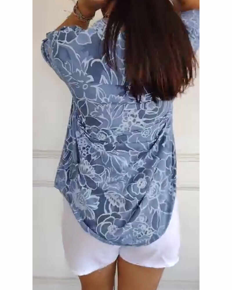 V-Neck Button-Down Printed Blouse