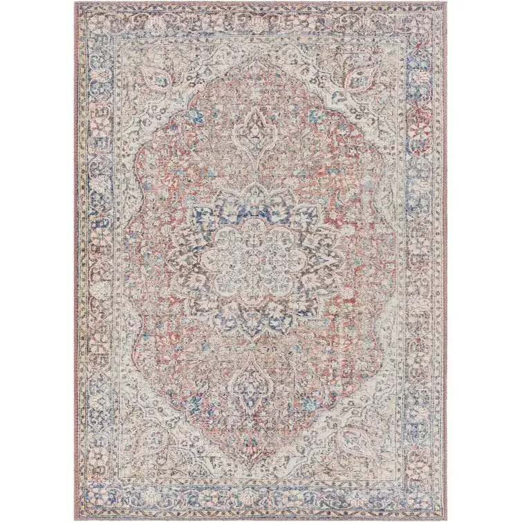 Bria Machine Washable Oriental Red/Blue/Ivory Area Rug