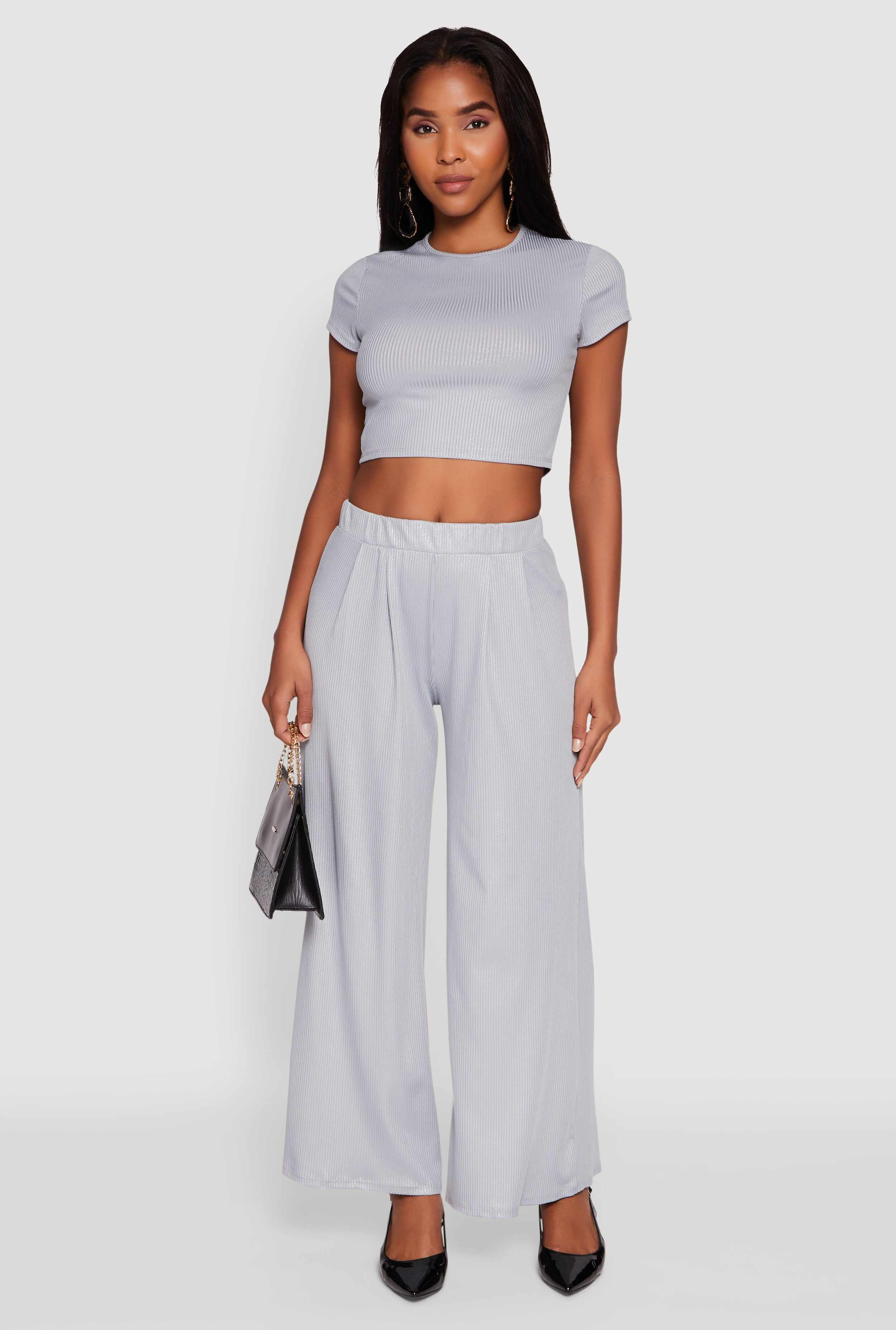 Lurex Ribbed Knit High Waisted Pants