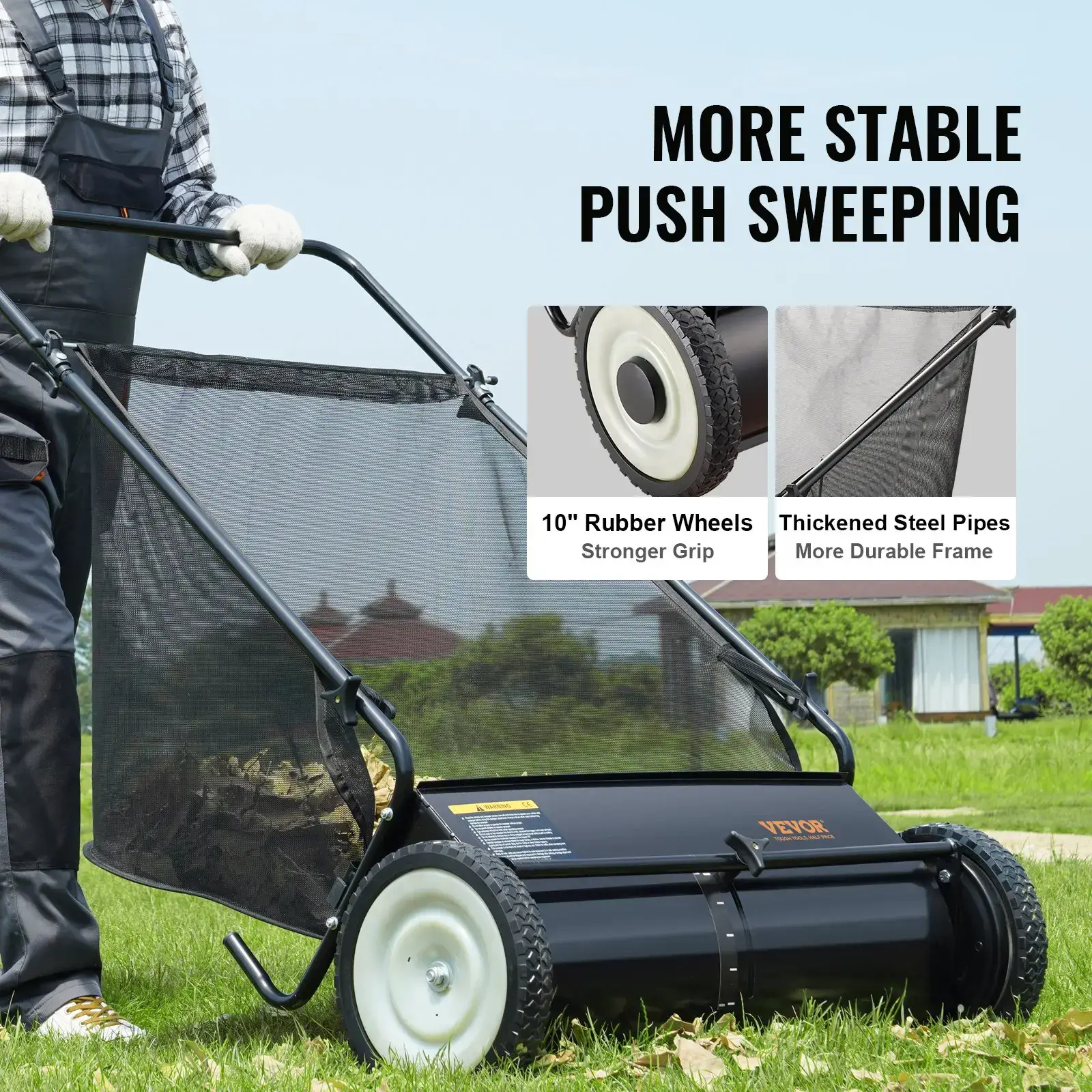 Push Lawn Sweeper,  26 Inch Leaf & Grass Collector, Strong Rubber Wheels & Heavy Duty Thickened Steel Durable to Use with Large Capacity 7 ft³ Mesh Collection Bag, 4 Spinning Brushes