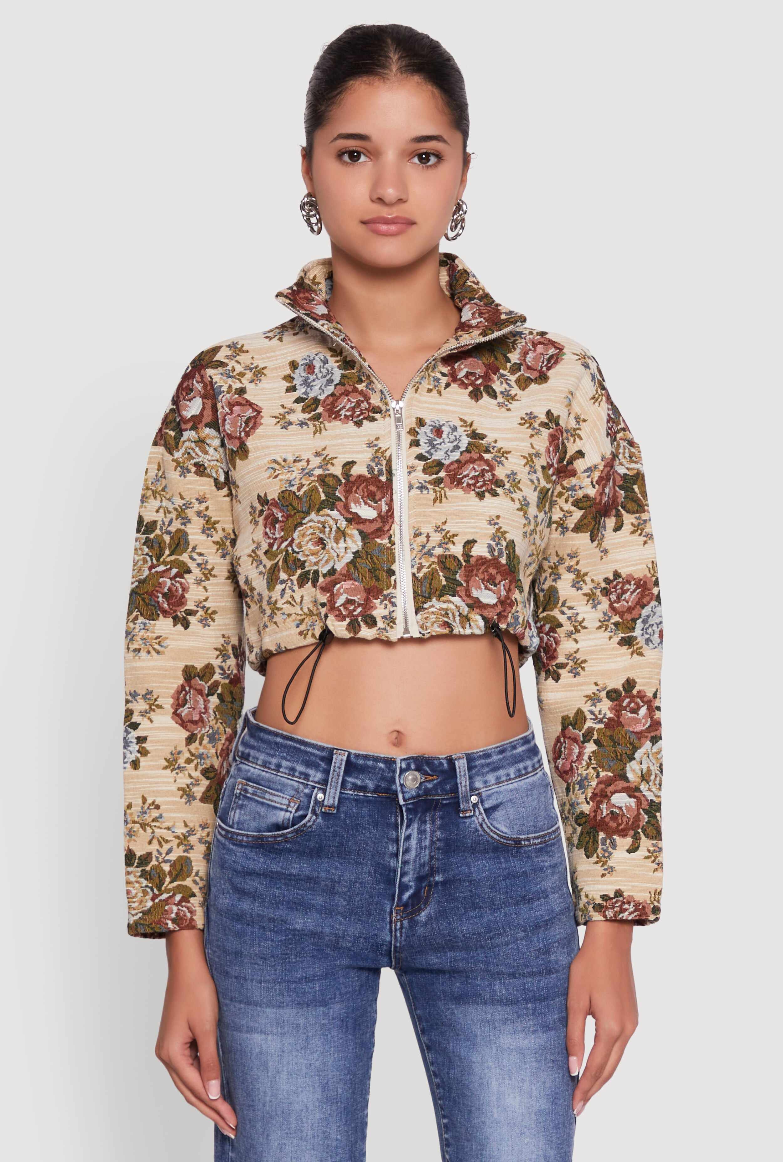 Daisy Patterned Jacquard Cropped Jacket