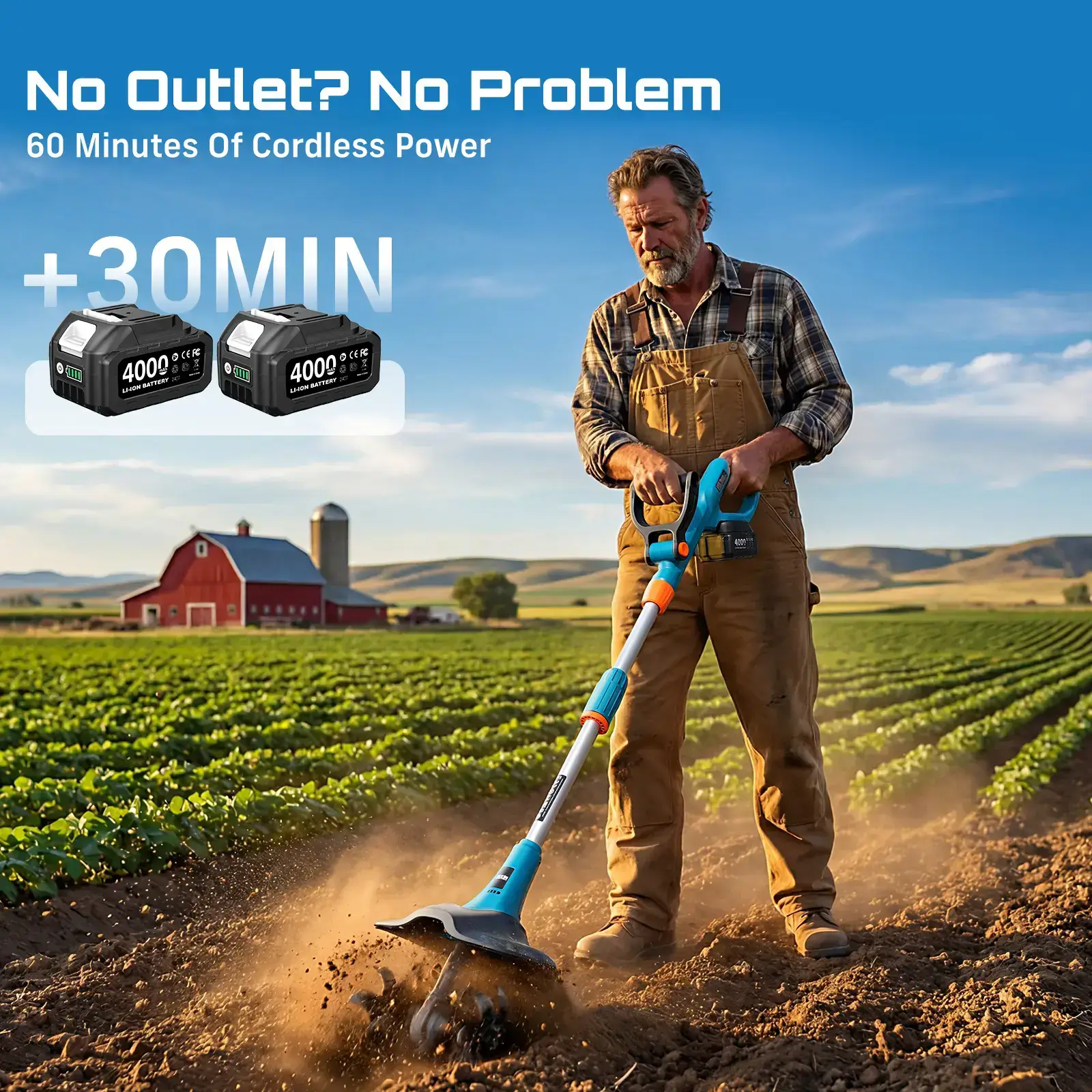 Electric Tiller for Gardening, 360 RPM Rototiller Cordless Cultivator, Total 8000mAh Battery Powered Garden Tiller 4 Pcs Blades for Smooth Tilling