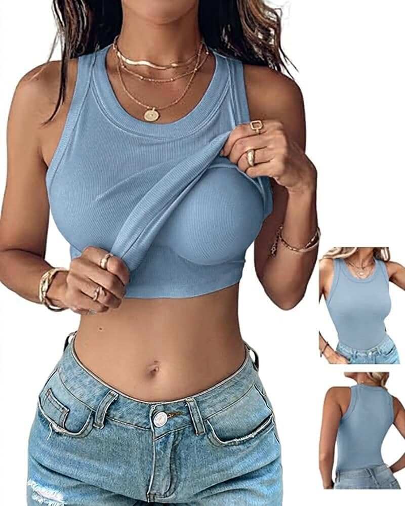 CHICME Women Built-in Bra Tank Tops Sleeveless Casual Shirts Racerback Ribbed Fitted Tank Tops