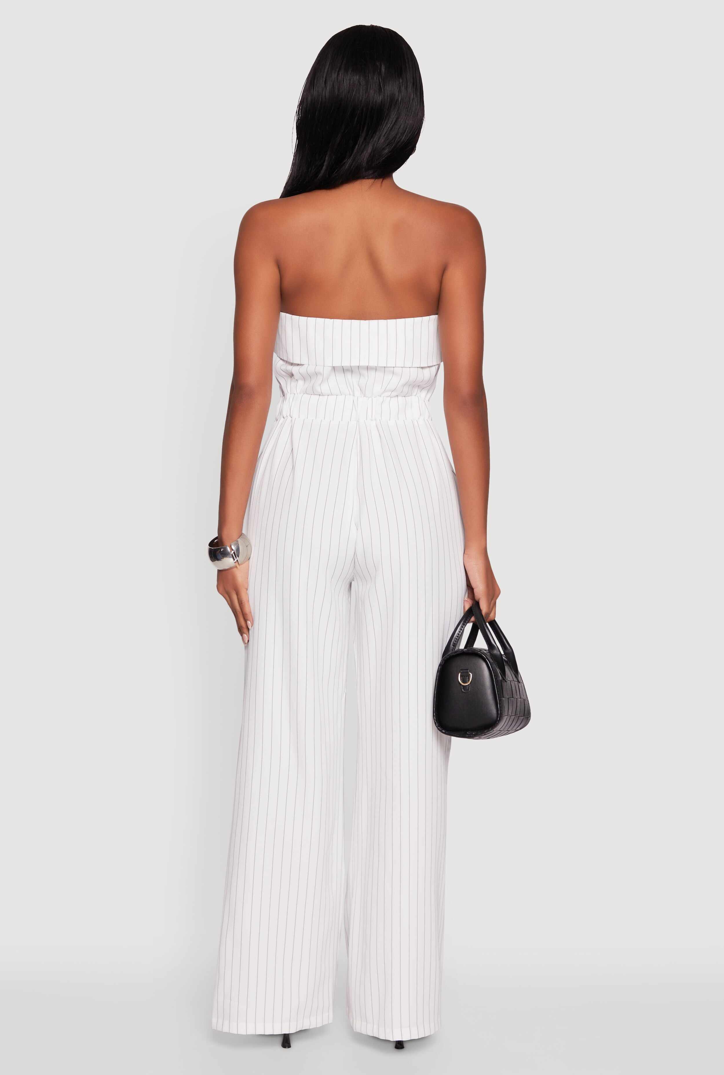 Pinstripe Fold Over Strapless Jumpsuit