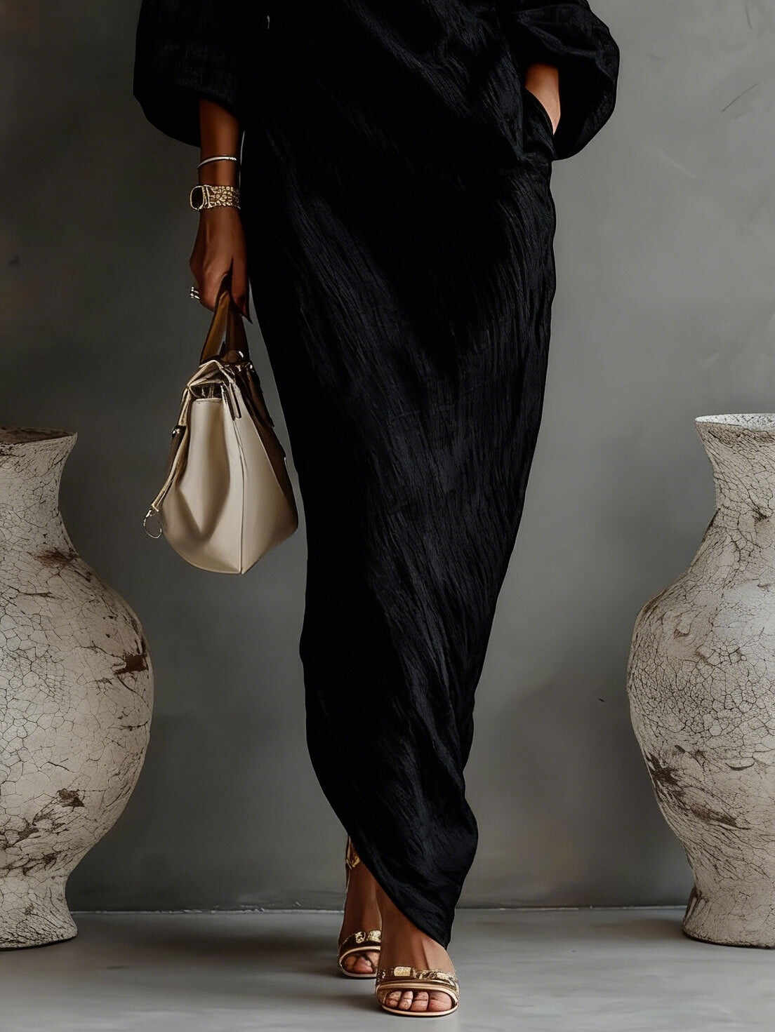 Black One-shoulder Flowing Elegant Maxi Dress