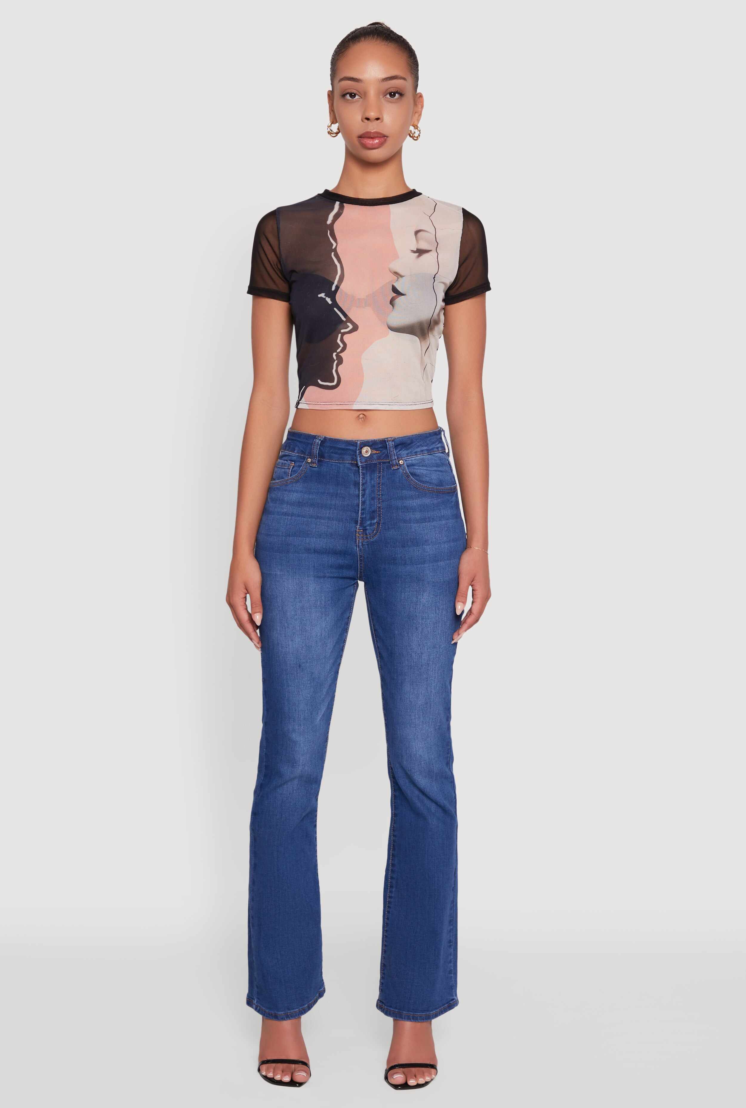 Mesh Faces Graphic Print Crop Tee