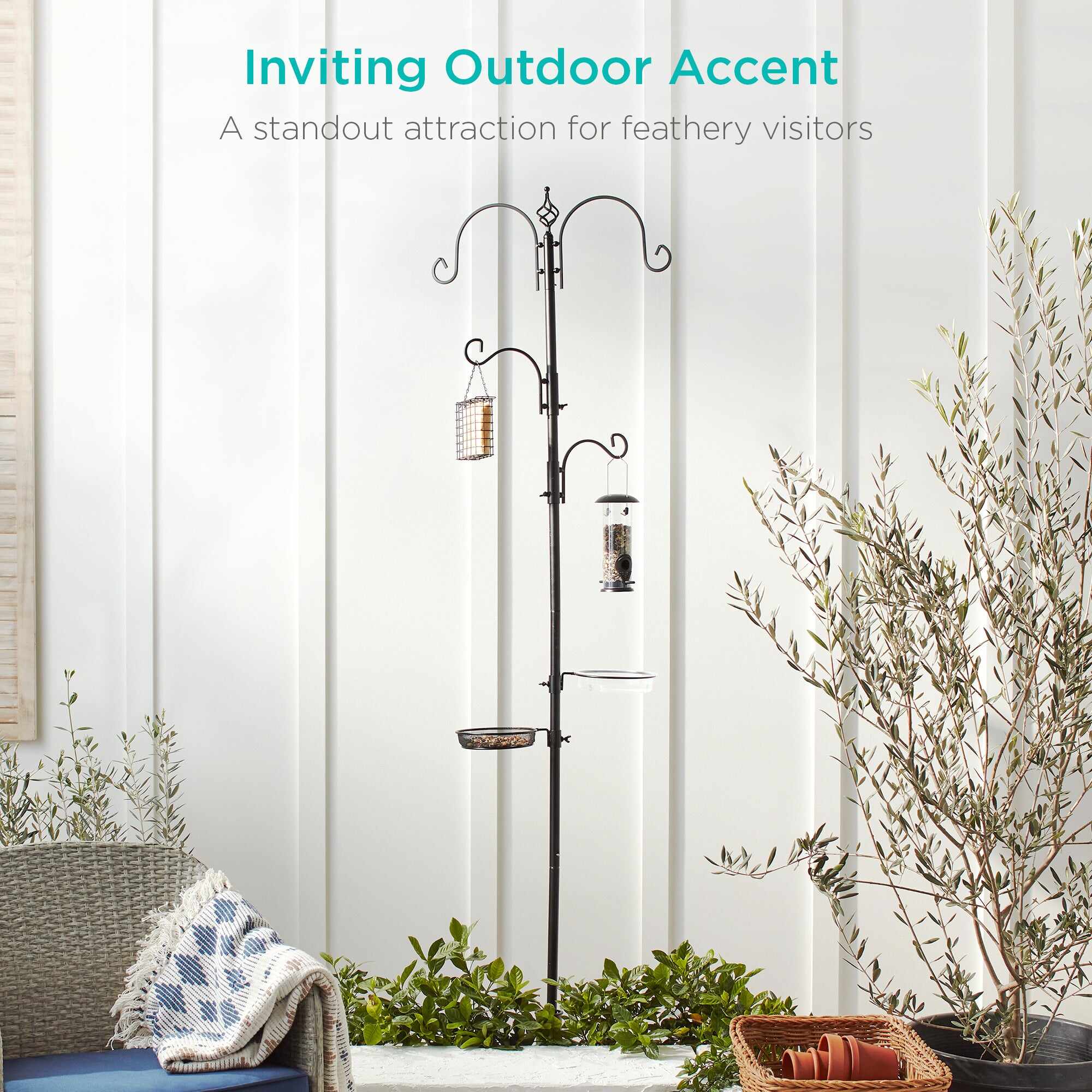 4-Hook Bird Feeding Station, Steel Feeder Stand w/ 2 Bird Feeders - 91in