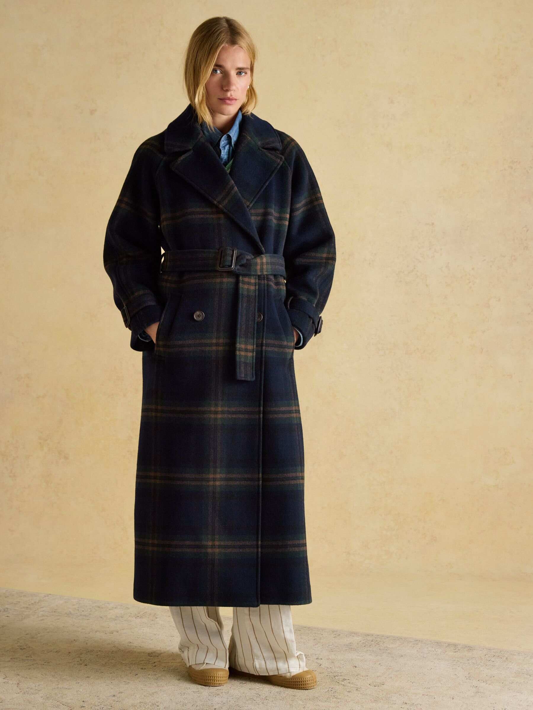 Amberley Navy Blue Longline Wool Blend Coat with Belt