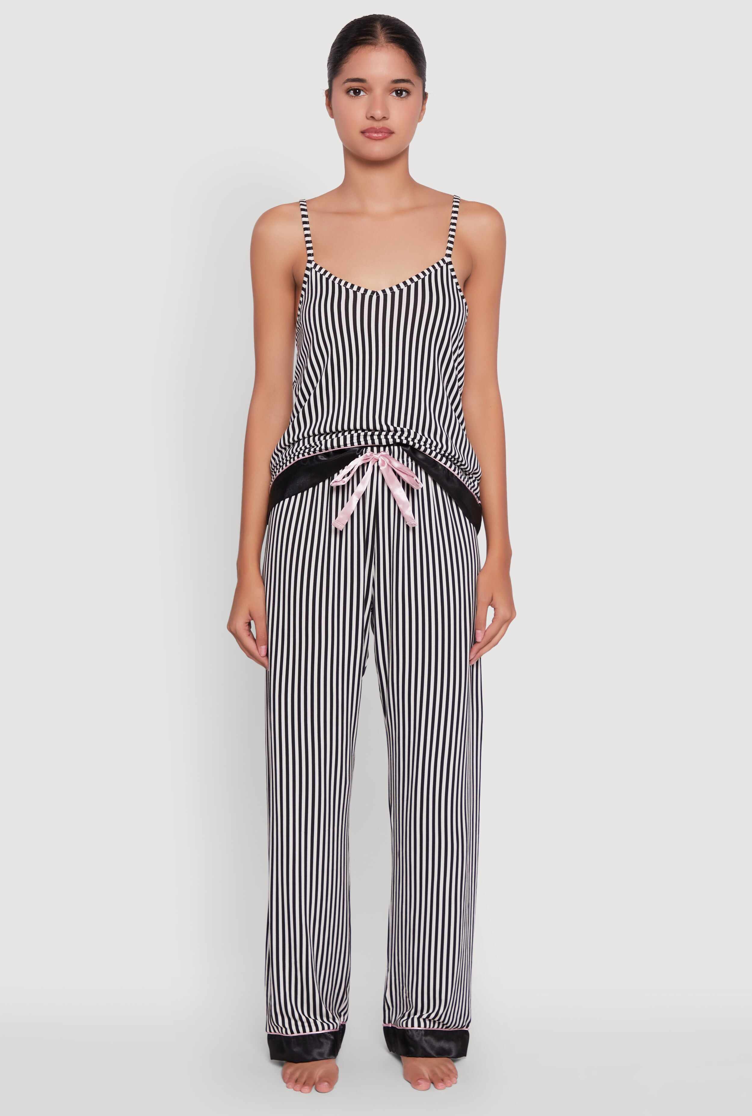 Striped Contrast Satin Trim Pajama Cami and Pants Set