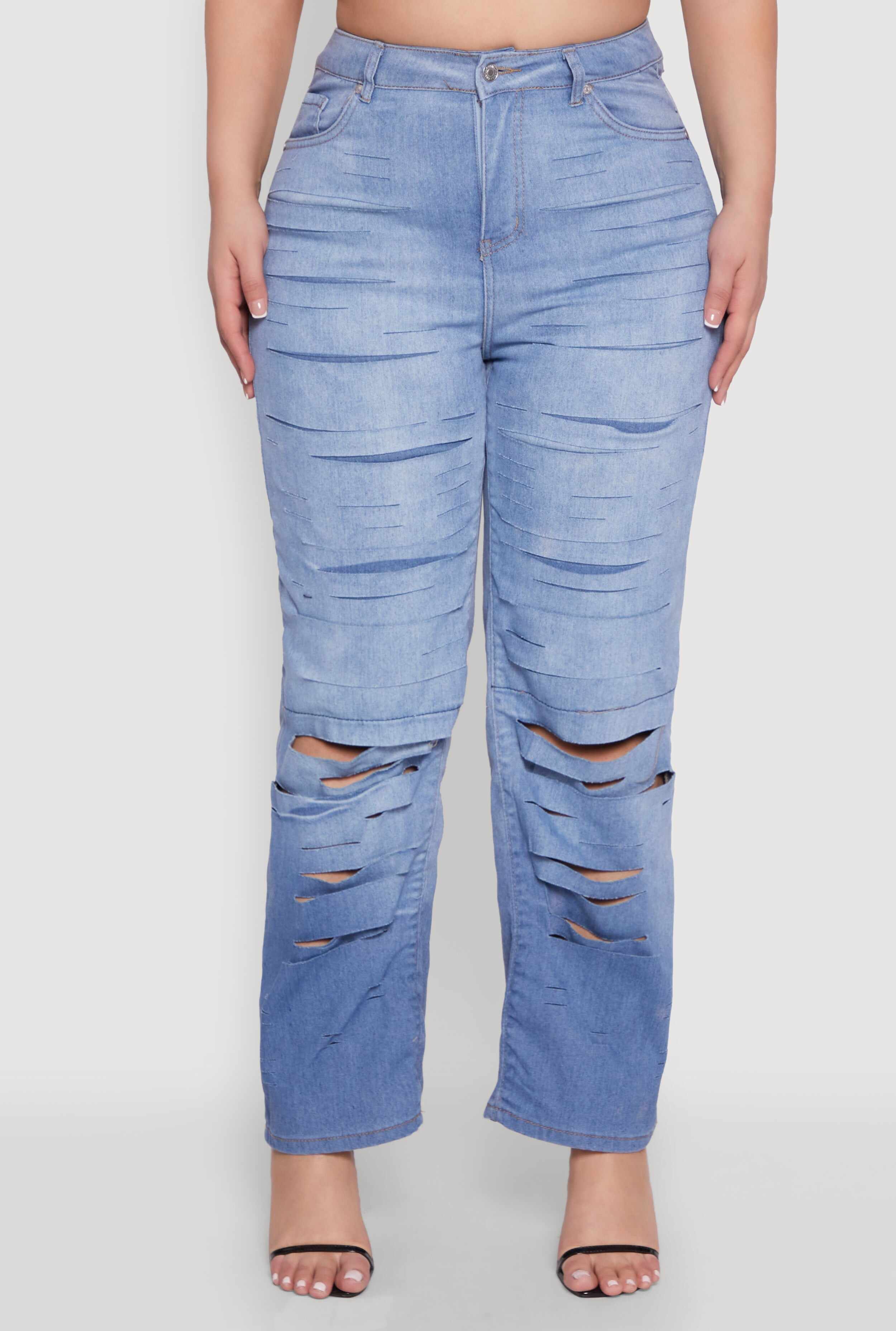 Plus Size Slashed Straight Leg Ombre Jeans
