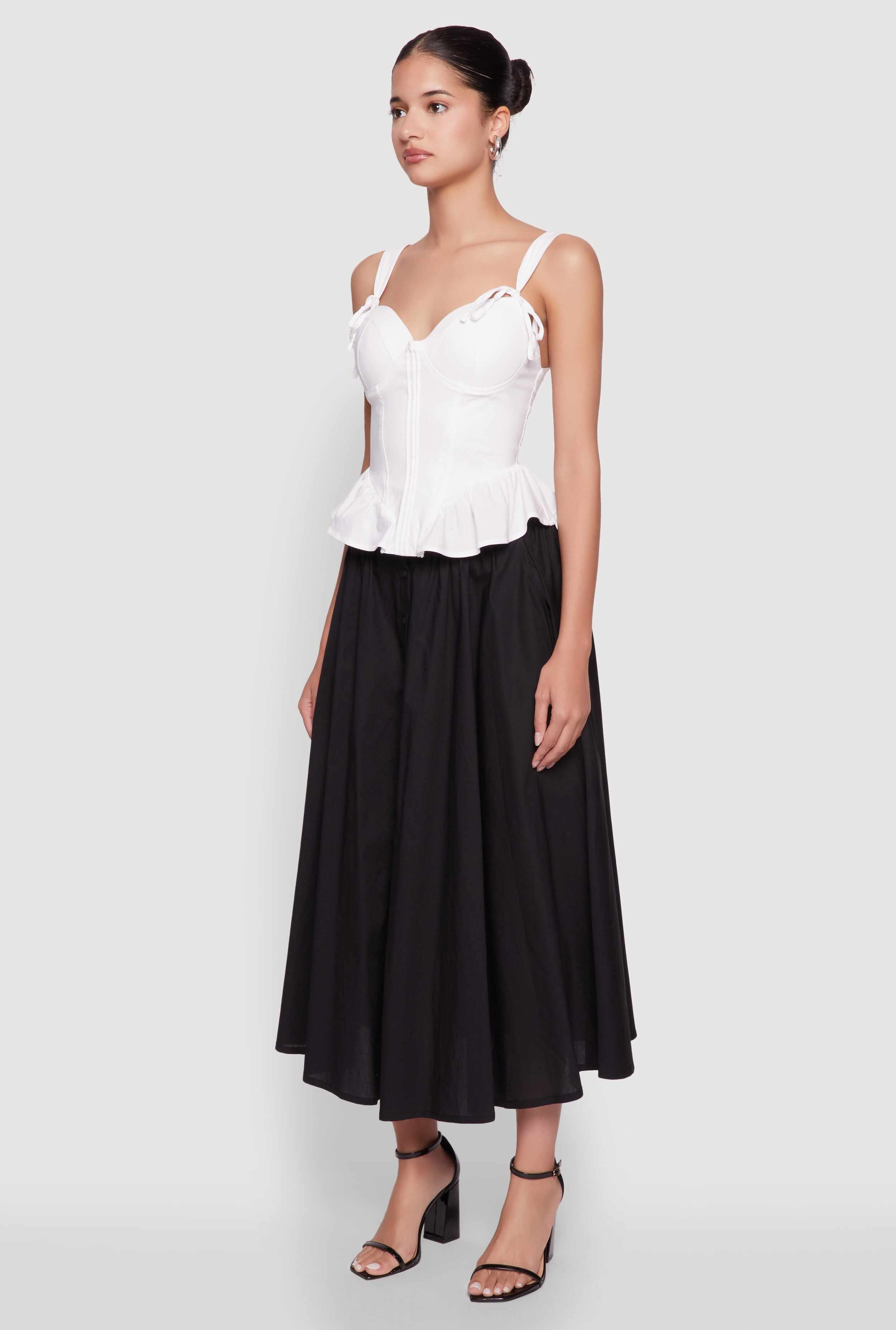 Chic Poplin Button Front Mid Length Skater Skirt