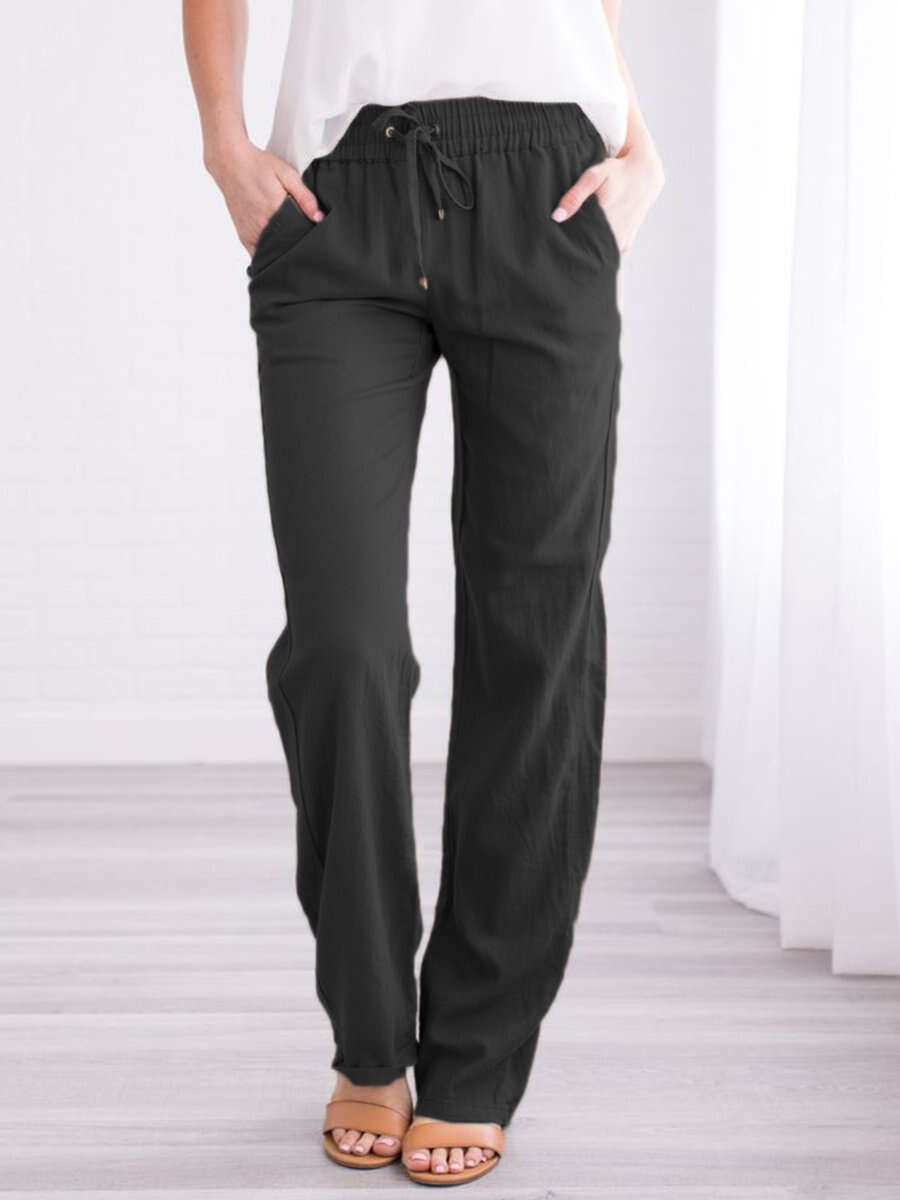 Solid Color Loose Drawcord Casual Wide Leg Pants