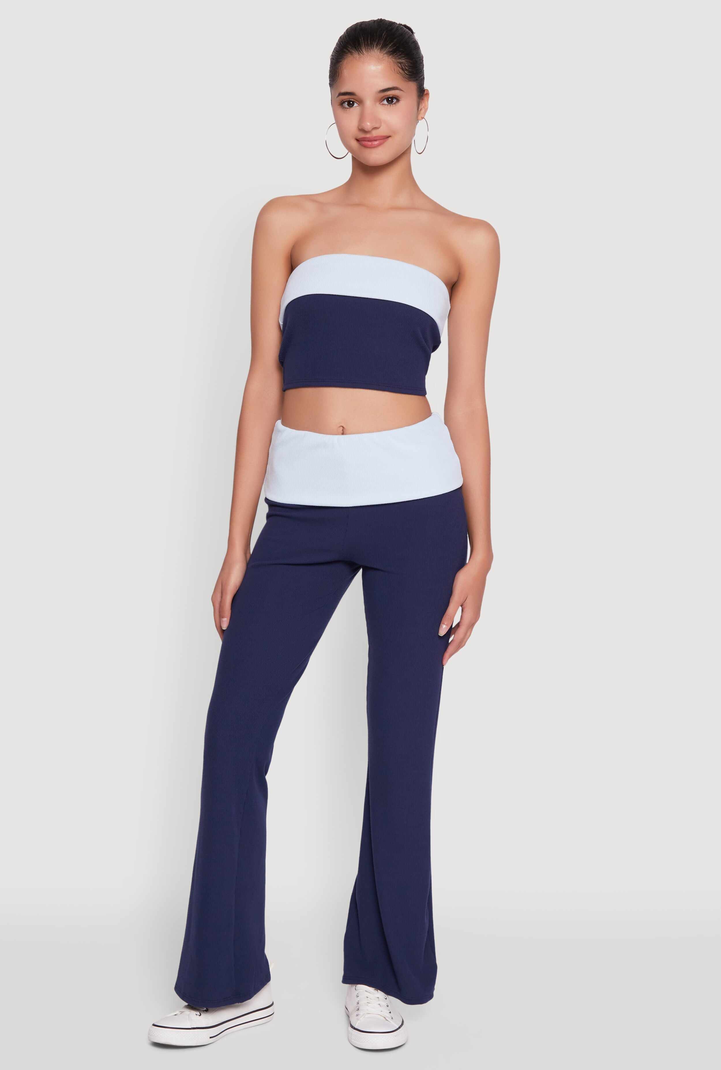 Stylish Rib Knit Contrast Fold Over Bootcut Pants