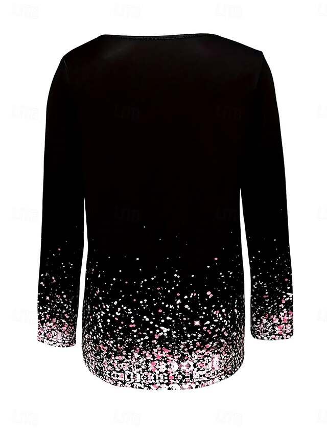 Women's Long Sleeve Top Glitter Snowflake Crew Neck Sparkle Gradient Festive Winter Holiday Fashion Black Pink Shimmer Casual Comfort Stretch Fit Clothing Apparel