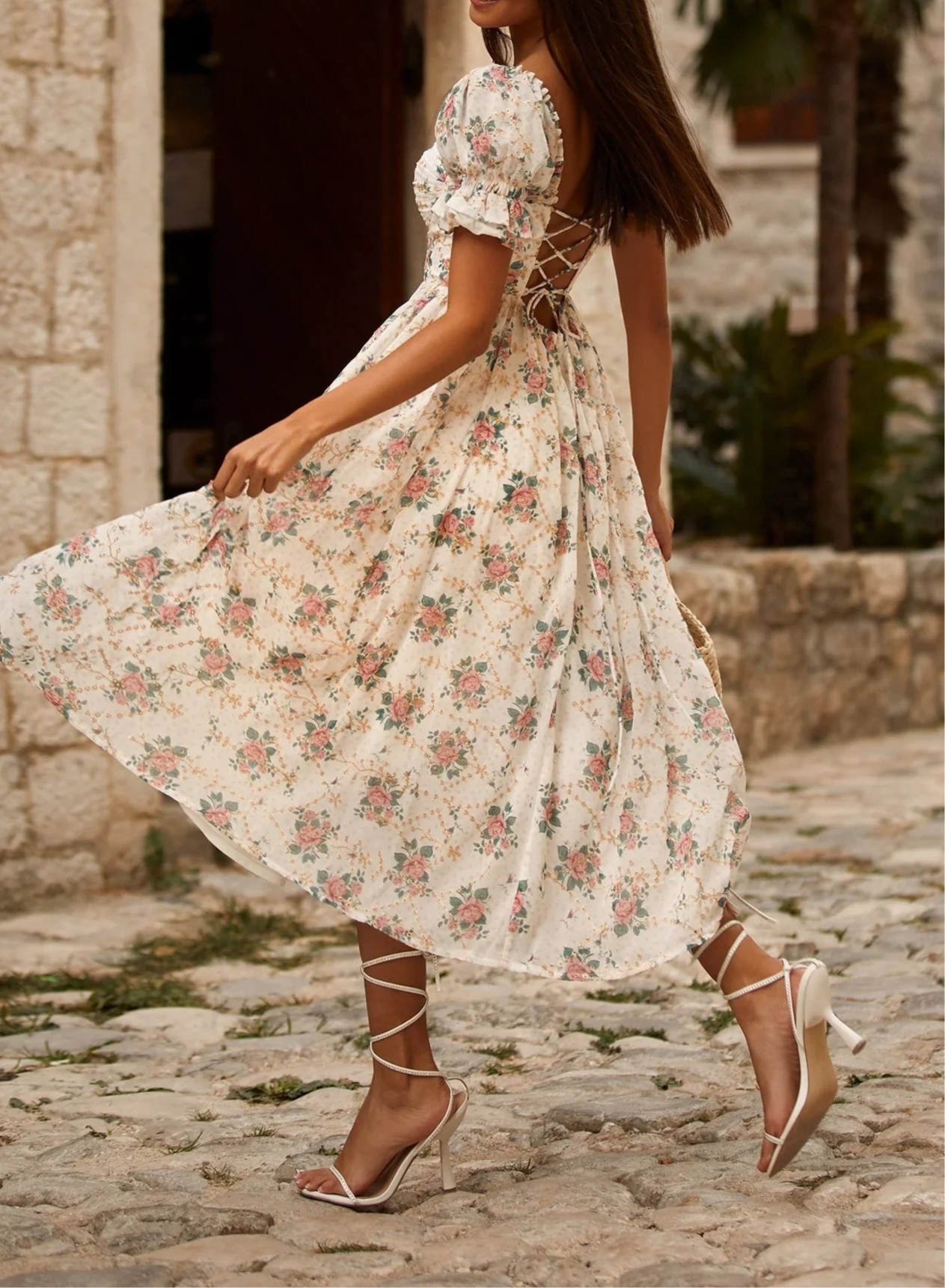 Floral Puff Sleeve Corset Backless Lace Up Slit Midi Dress