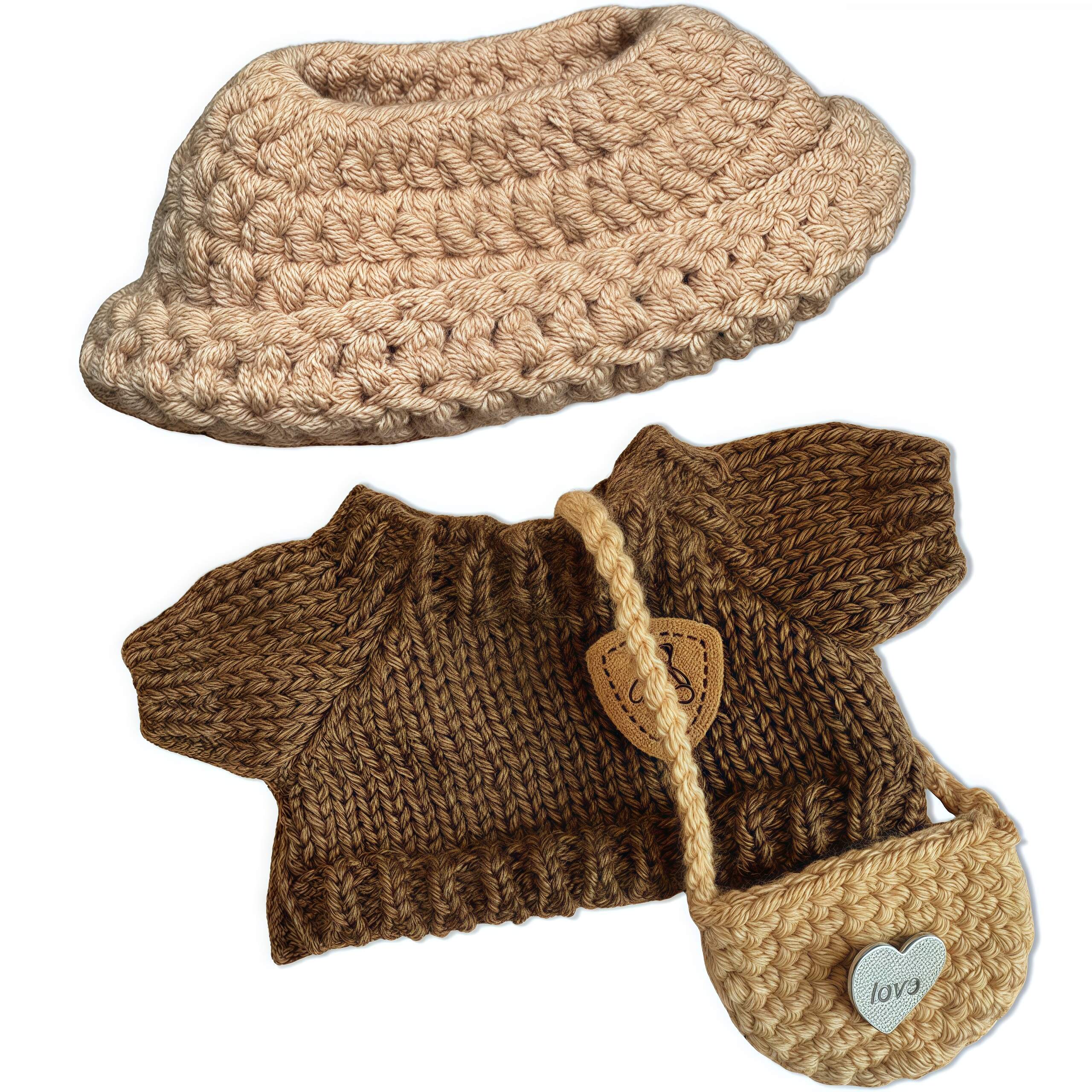 3-Piece Handcrafted Crochet Doll Clothes - Premium Dolls Outfit with Accessories, Hand Crocheted Hat, Sweaters, Bag