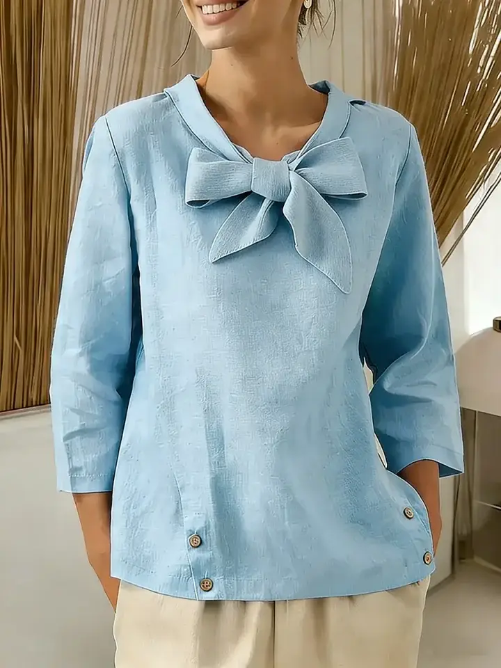 🔥Summer Arrivals🌟Women's Solid Color V-neck Bow Tie Three-quarter Sleeve Casual Loose Cotton Linen Top