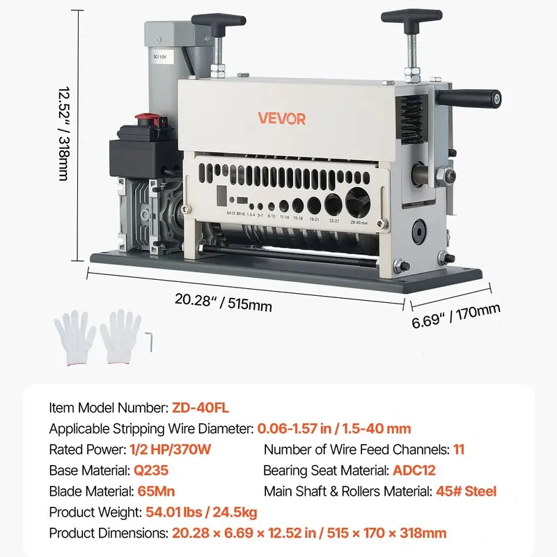 Electric Cable Stripping Tool, 60W Motorized Wire Stripper, 0.06''-0.98'' Stripping Range, with Clear Depth Gauge, 6 Circular & 1 Flat Channels for Copper Wire Recycling