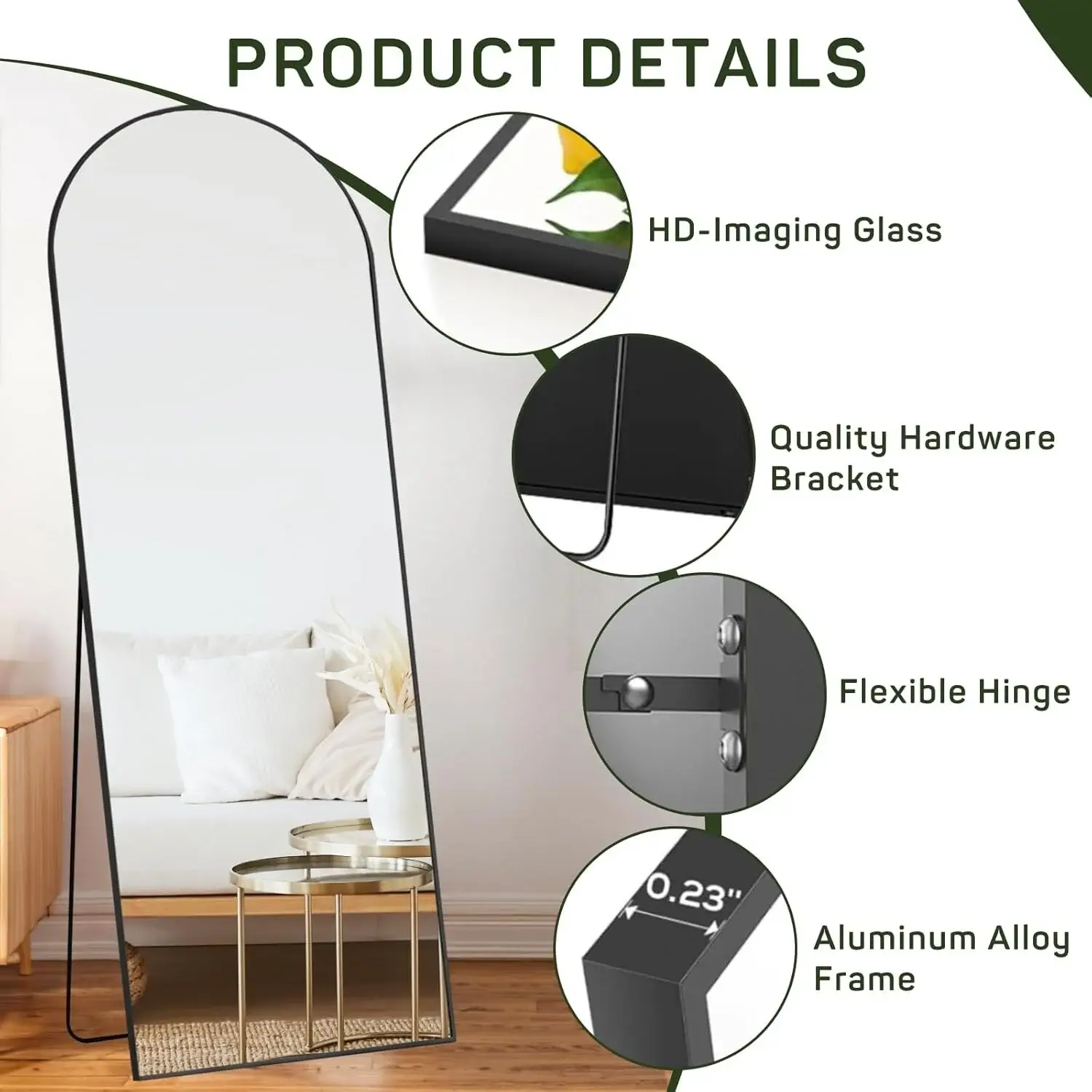 Full Length Mirror with Stand, Floor Mirror with Aluminum Alloy Frame for Bedroom, Standing Full Body Mirror for Wall, Cloakroom