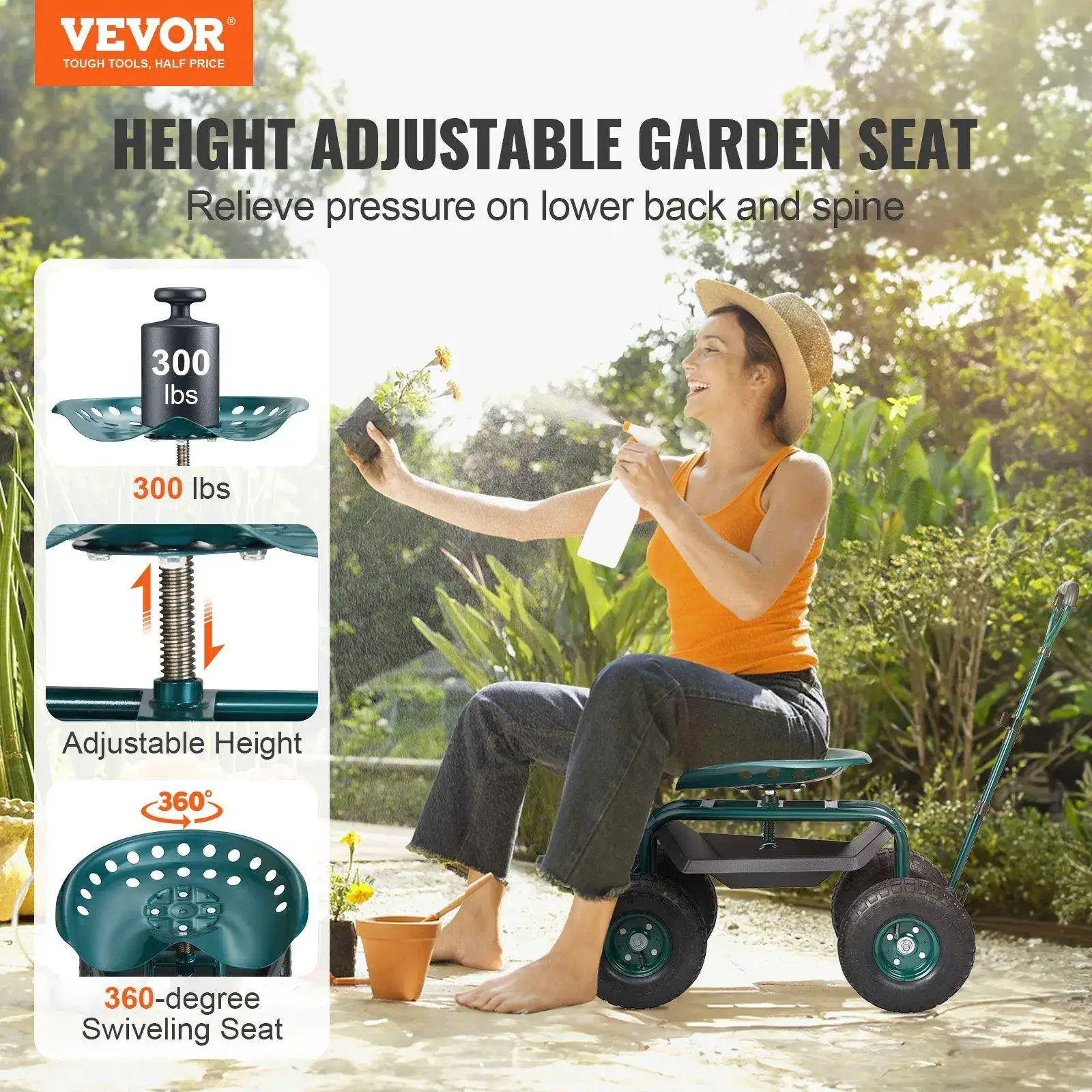 Garden Cart Rolling Workseat with Wheels, Gardening Stool for Planting, 360 Degree Swivel Seat, Wagon Scooter with Steering Handle & Utility Tool Tray, Use for Patio, Yard, and Outdoors
