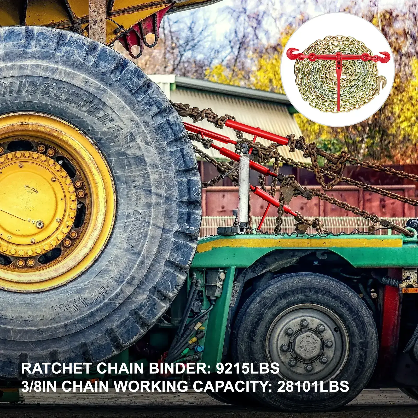 Chain and Binder Kit 3/8in-1/2in, Ratchet Load Binders 9215lbs Working Strength, Ratchet Binders and Chains, 3/8in x 10ft Chains with G70 Hooks, for Truck, Tie Down, Hauling, Towing