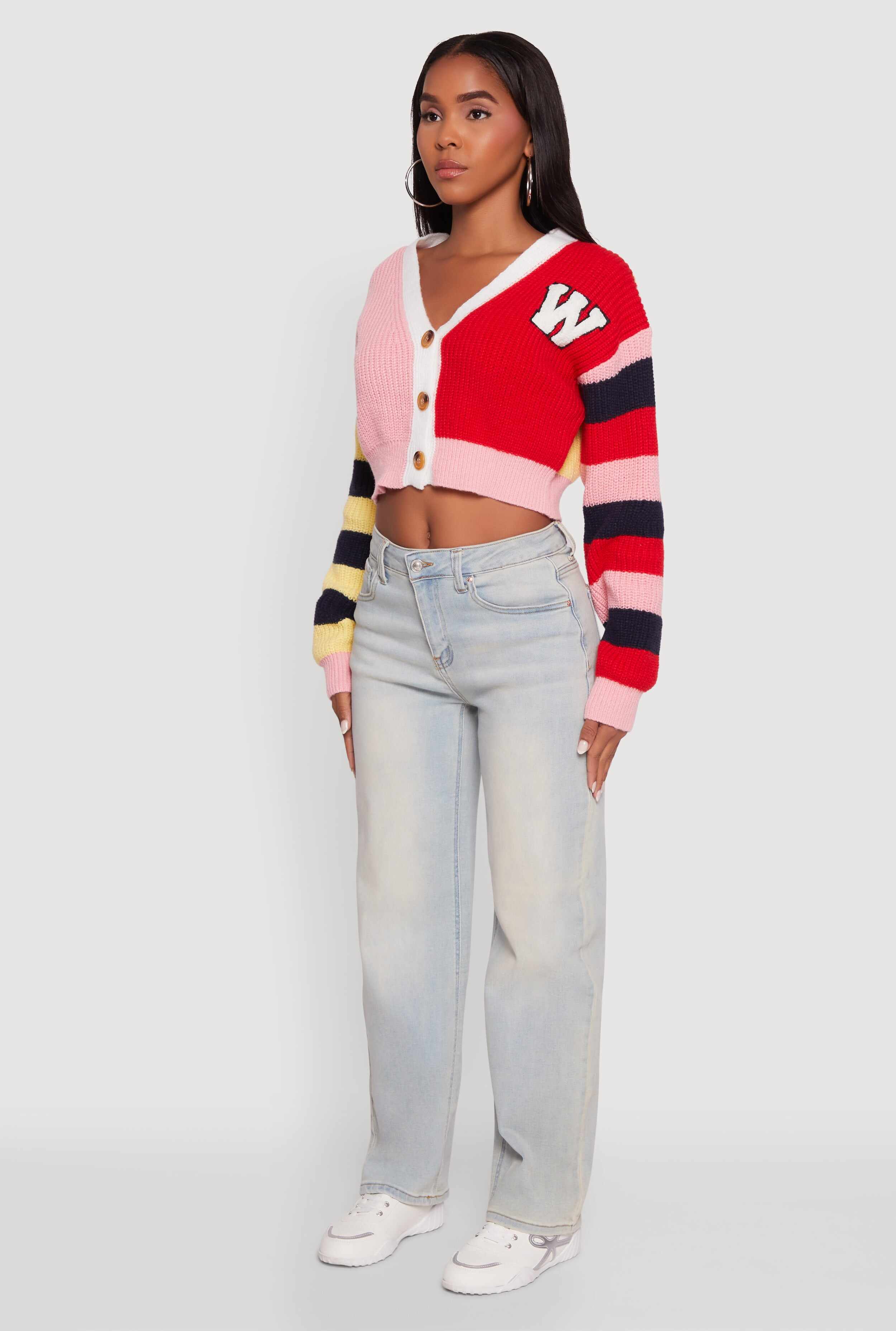 Daisy Color Block Patch Cropped Button Front Cardigan