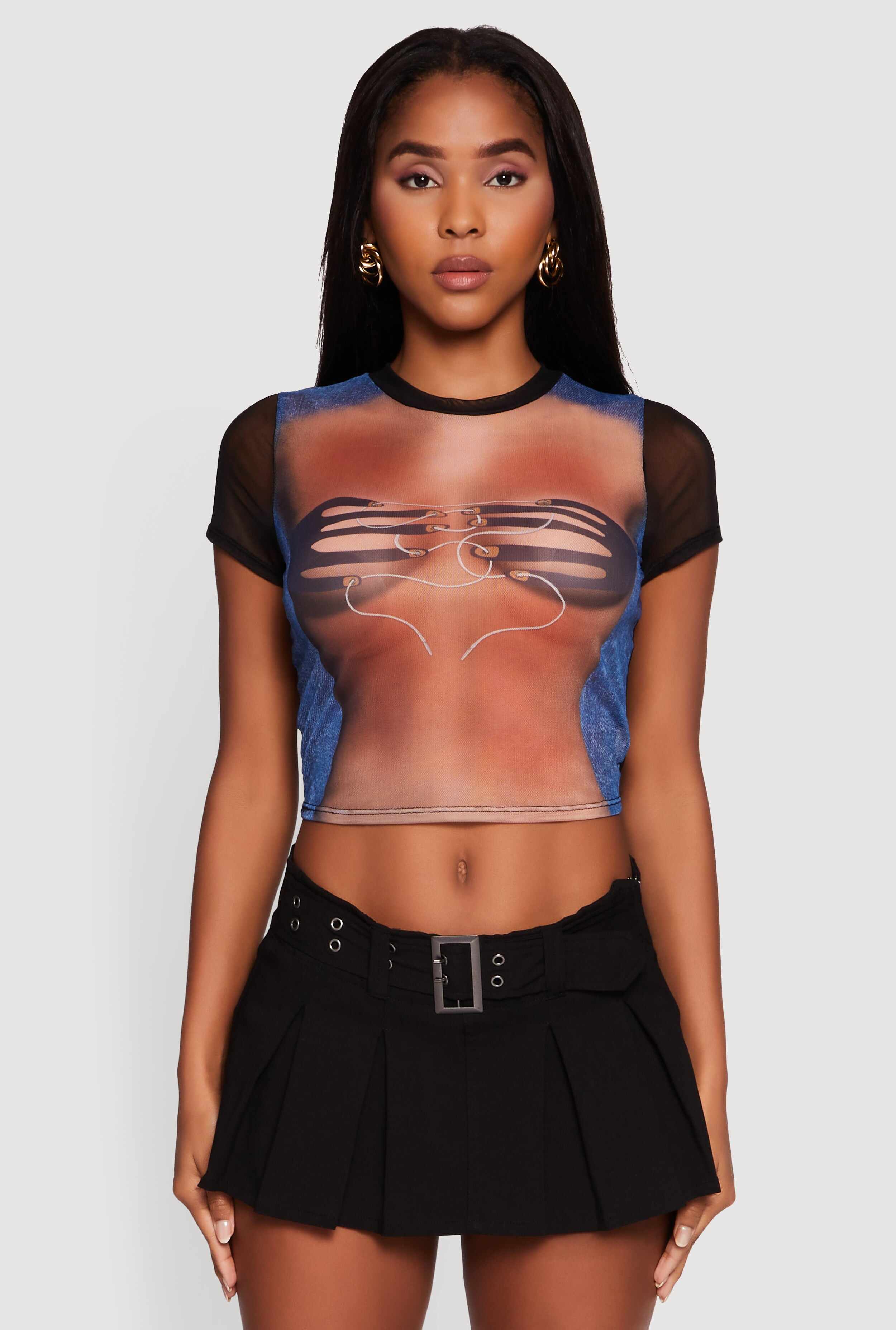Mesh Graphic Print Crop T-Shirt