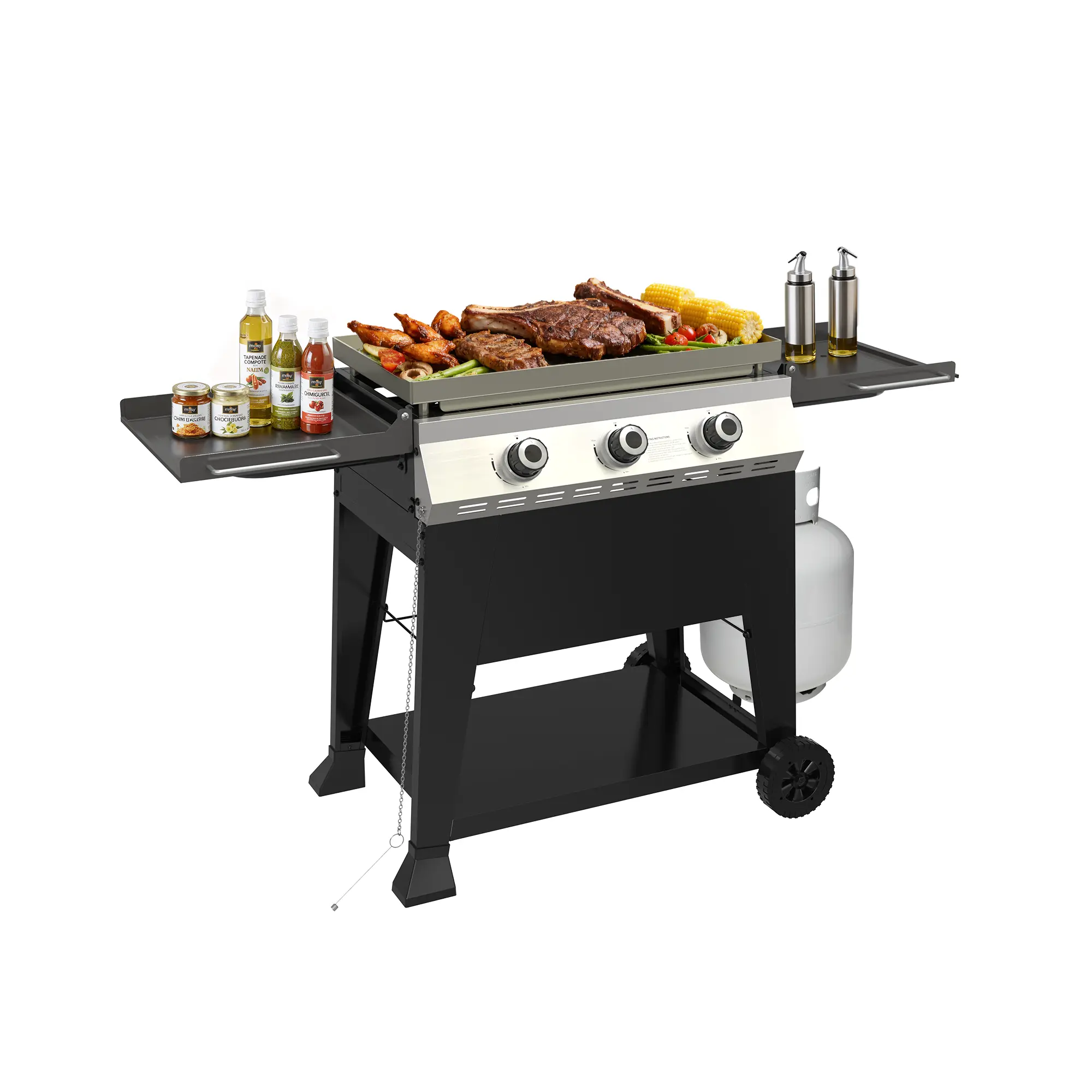 Foldable Outdoor Flat Top Gas Griddle - 50,000 BTU, 540 Sq In Cooking Area, Rolling Wheels, Folding Side Shelves for Camping, Backyard BBQ, Black