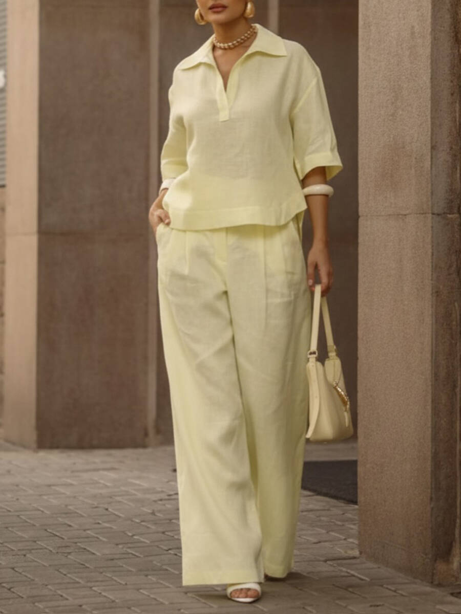 🔥Summer Arrivals🌟Women's Casual Linen And Cotton Shirt And Wide-leg Pants Two-piece Set