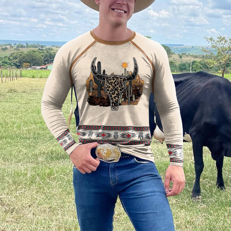Desert Bull Head Western Print Long Sleeve T-Shirt