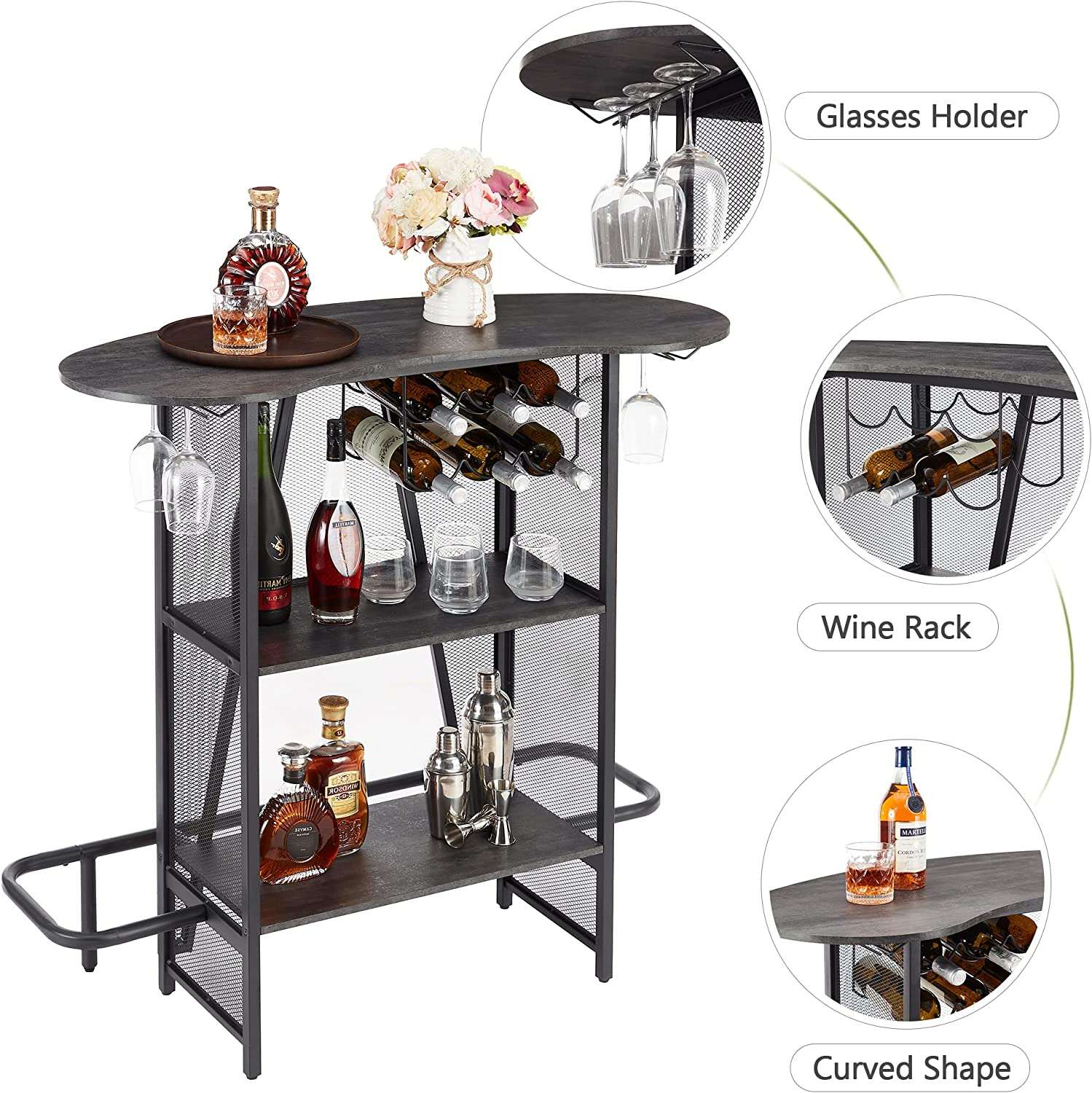 VECELO Bar Unit with Metal Mesh Front, 3-Tier Wine Rack Table with Glasses Holder