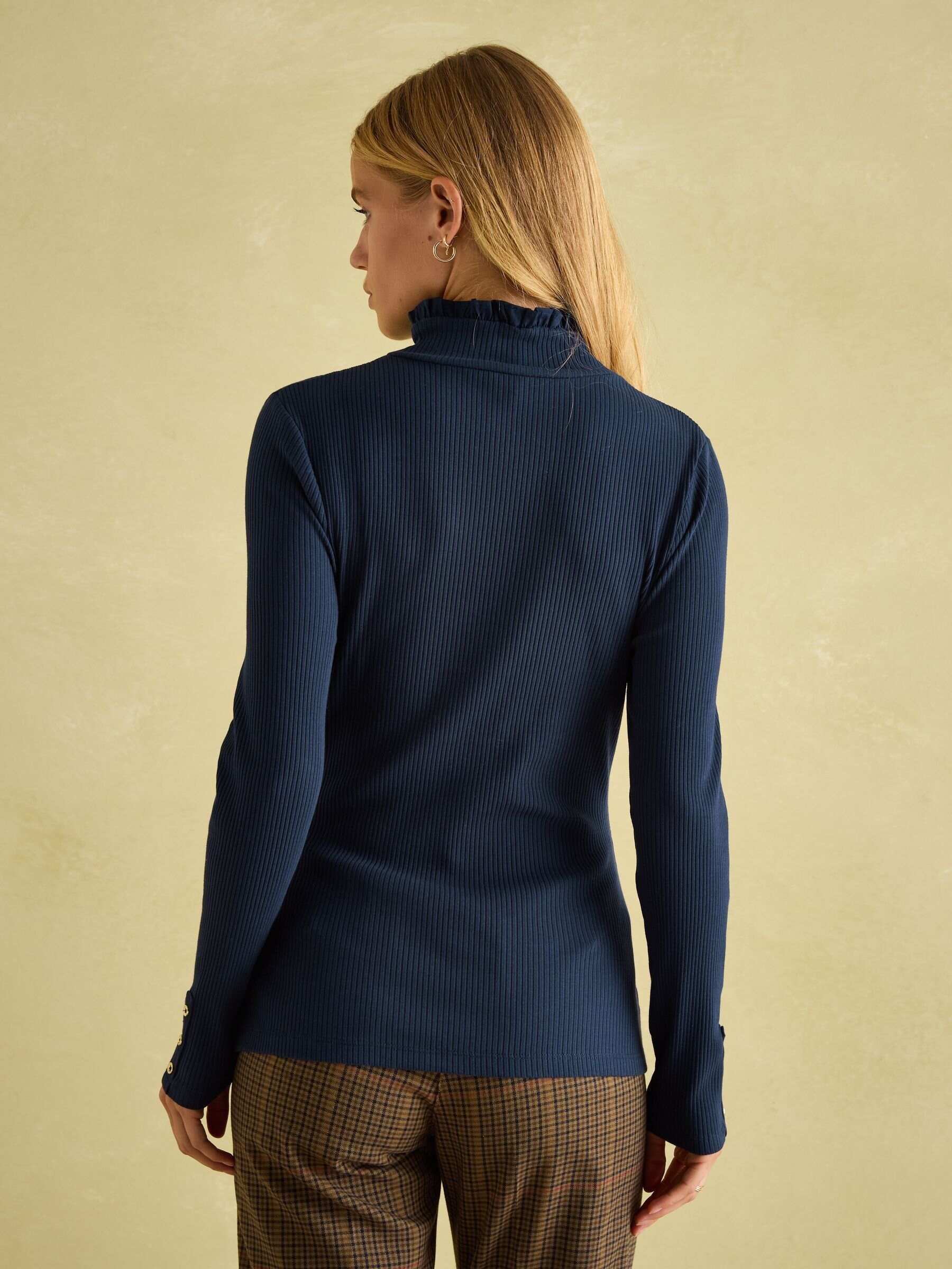 Amy Navy Blue Ribbed Long Sleeve High Neck Jersey Top