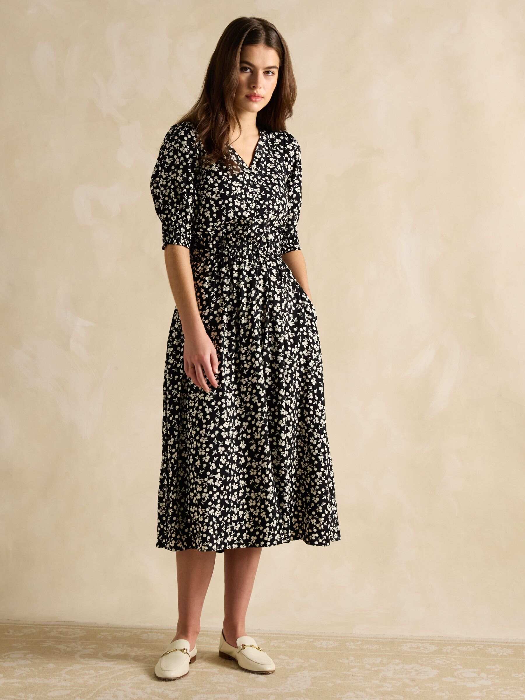 Adele Black V-Neck Elbow Length Sleeve Midi Dress