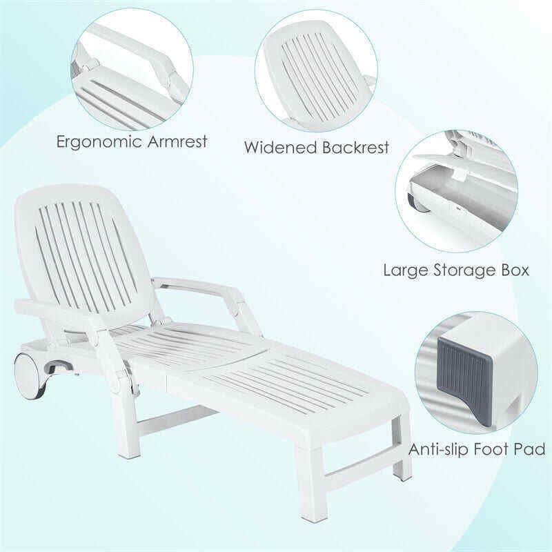 Outdoor Chaise Lounge Chair 6-Position Adjustable Patio Recliner with Wheels