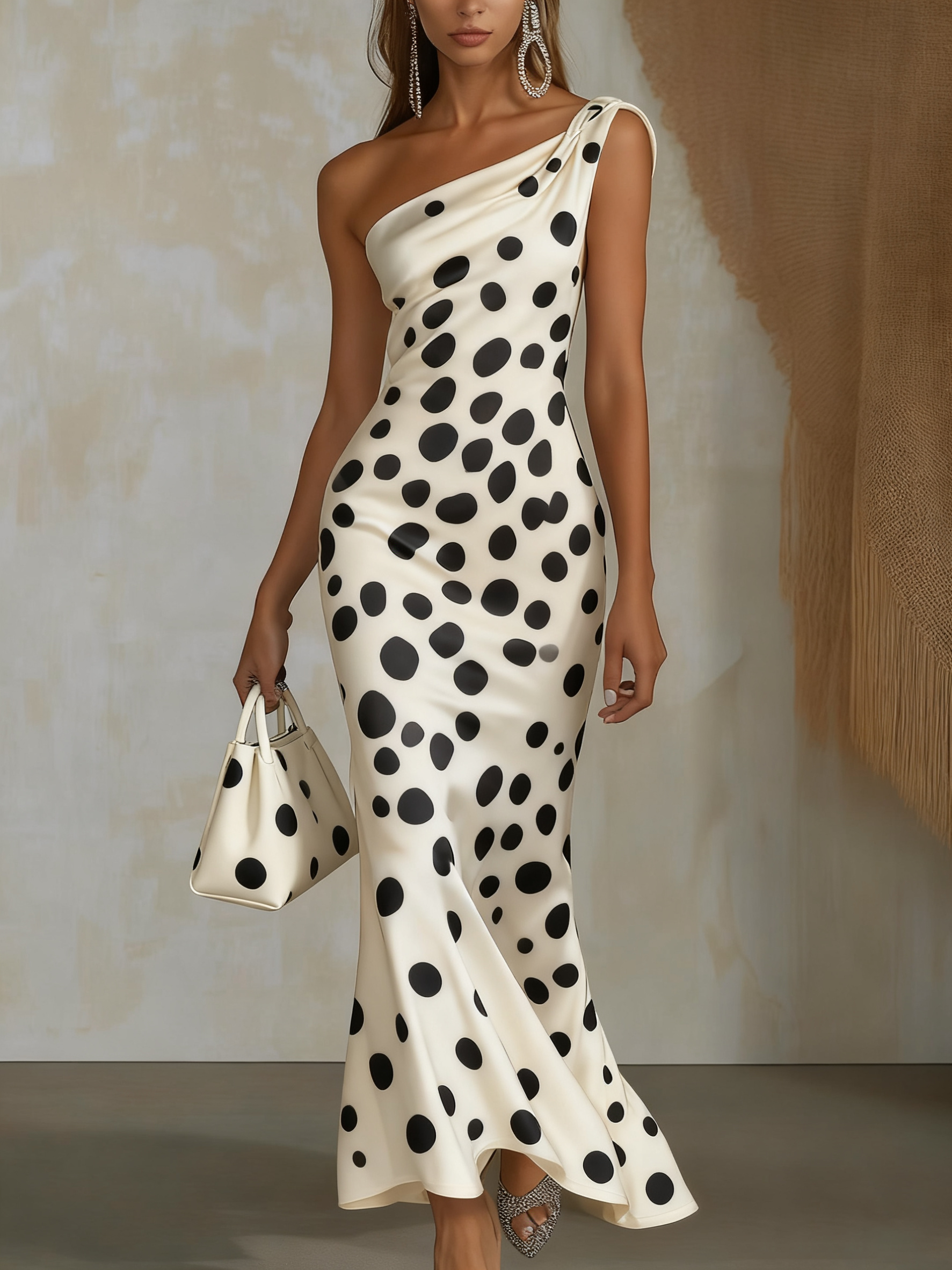 One shoulder print satin maxi dress