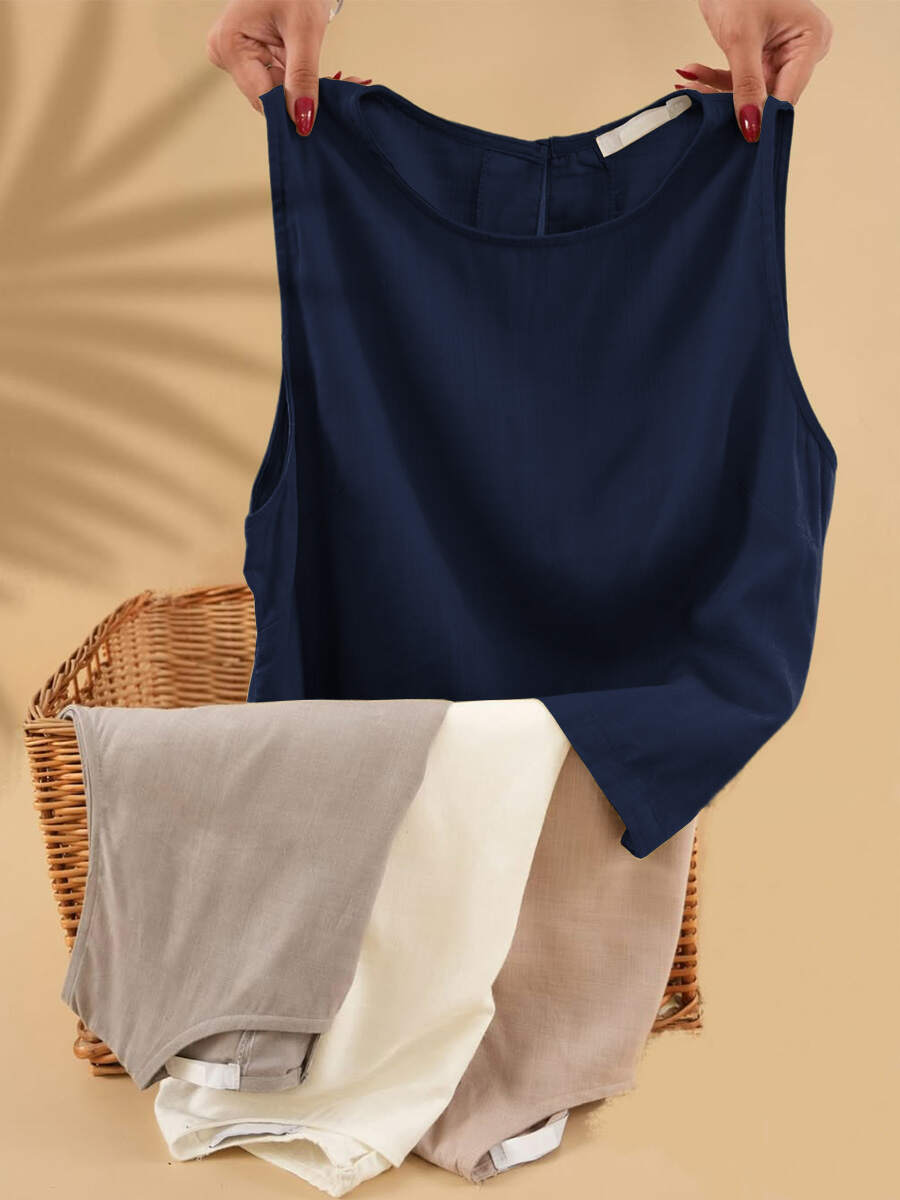 🔥Summer Arrivals🌟Women's Solid Color Round Neck Sleeveless Casual Linen Vest Top