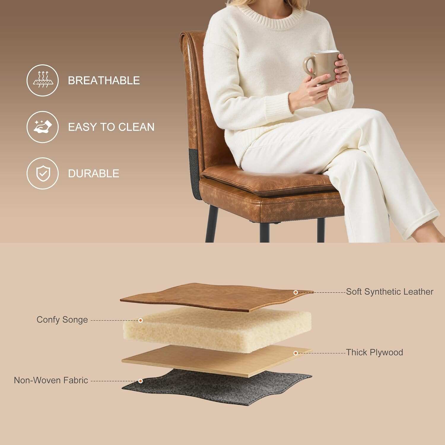 VECELO Upholstered PU Dining Chairs Set of 2